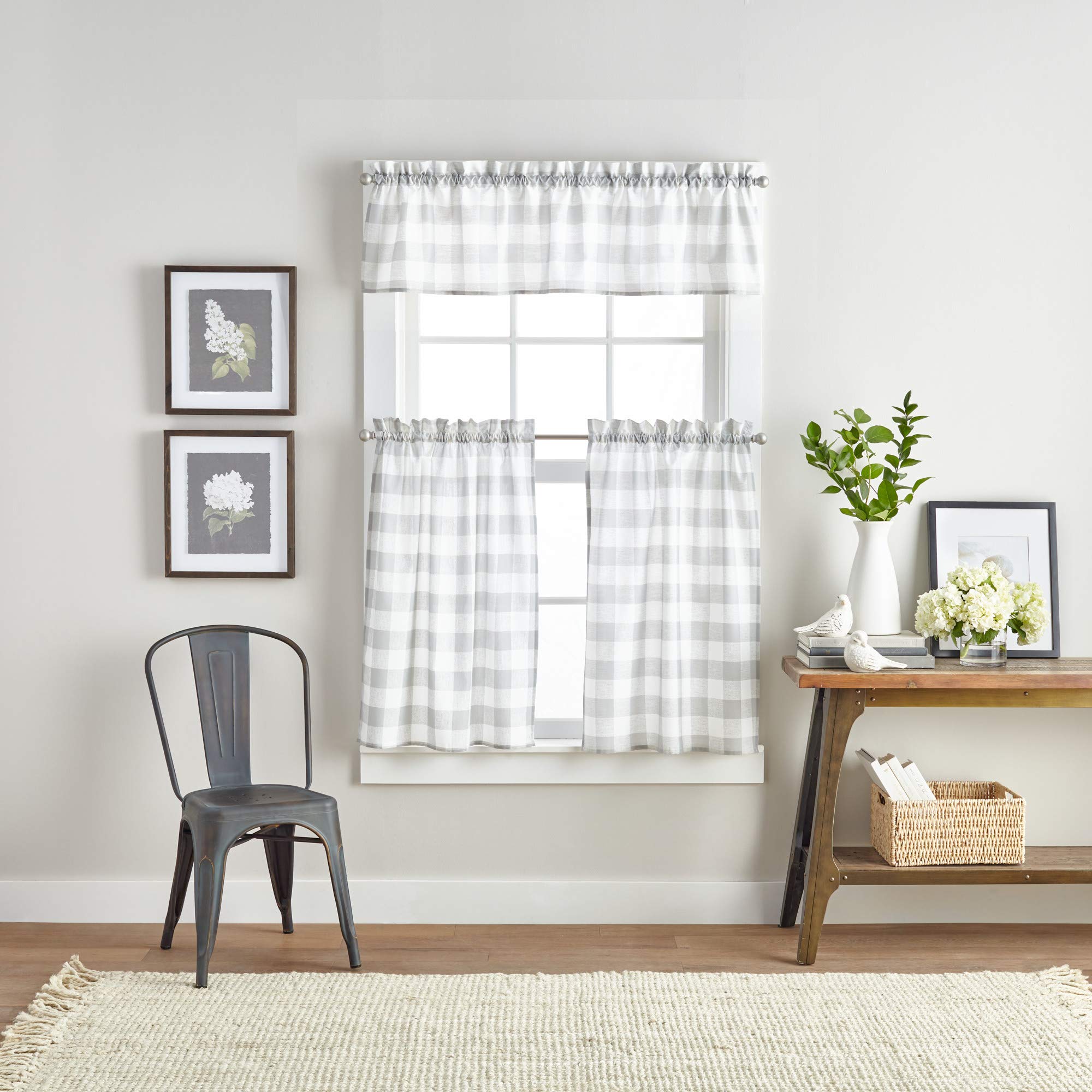 Curtainworks Country Modern Rustic Farmhouse Buffalo Check Kitchen Curtains Window Cafe, 36 Tier & Valance Set - 3 Pc, Grey