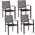 Tangkula 4 Pieces Stackable Patio Rattan Chair, Outdoor PE Wicker Dining Armchair W/Galvanized Steel Frame, Acacia-Topped Armres