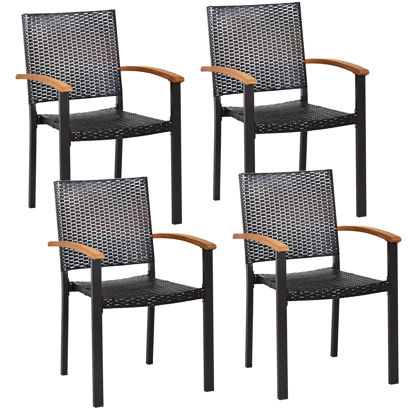 Tangkula 4 Pieces Stackable Patio Rattan Chair, Outdoor PE Wicker Dining Armchair W/Galvanized Steel Frame, Acacia-Topped Armres