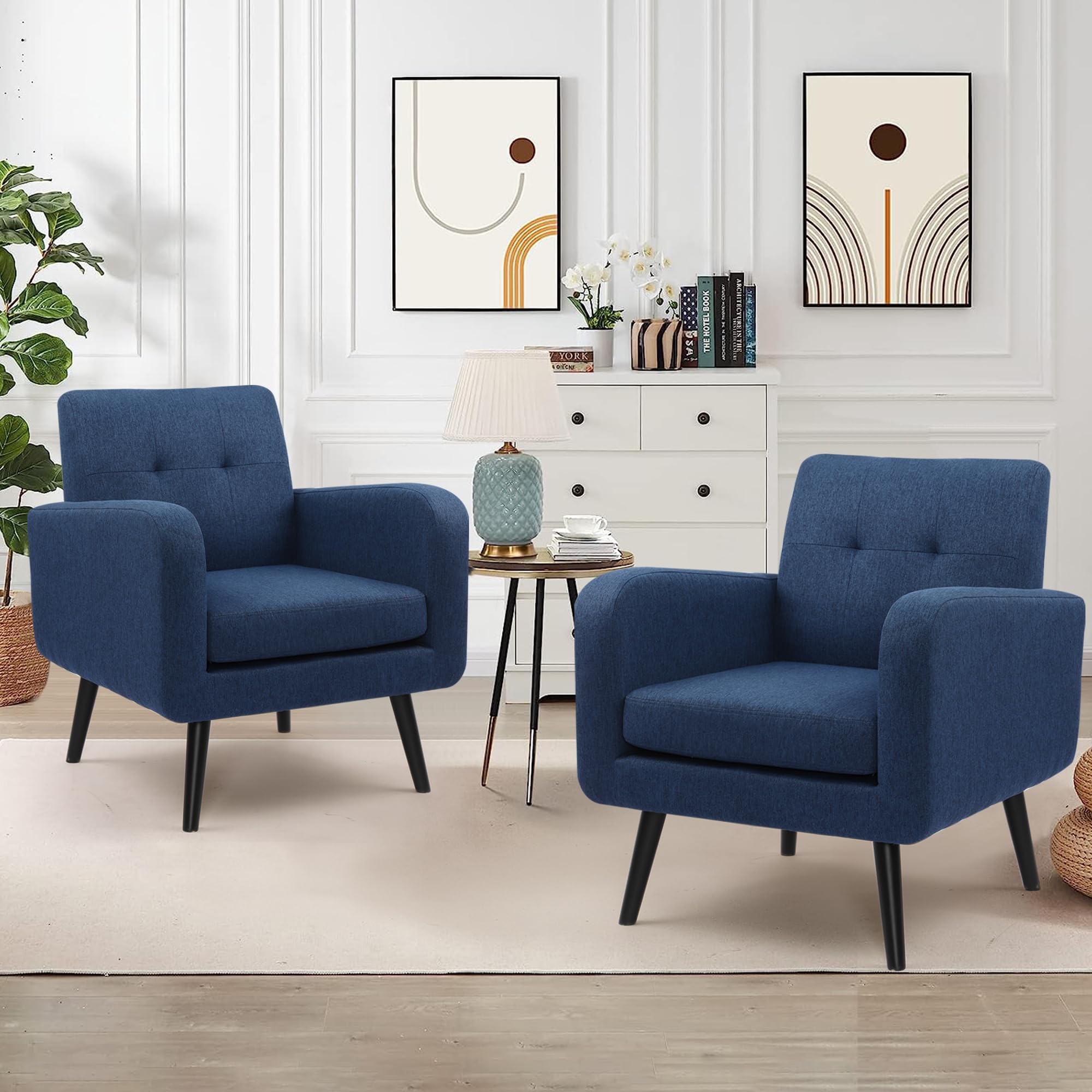 LSSPAID Accent Chairs Set of 2, Modern Blue Linen Fabric Living Room Chairs, Comfy Upholstered Armchairs Single Sofa Chair with 