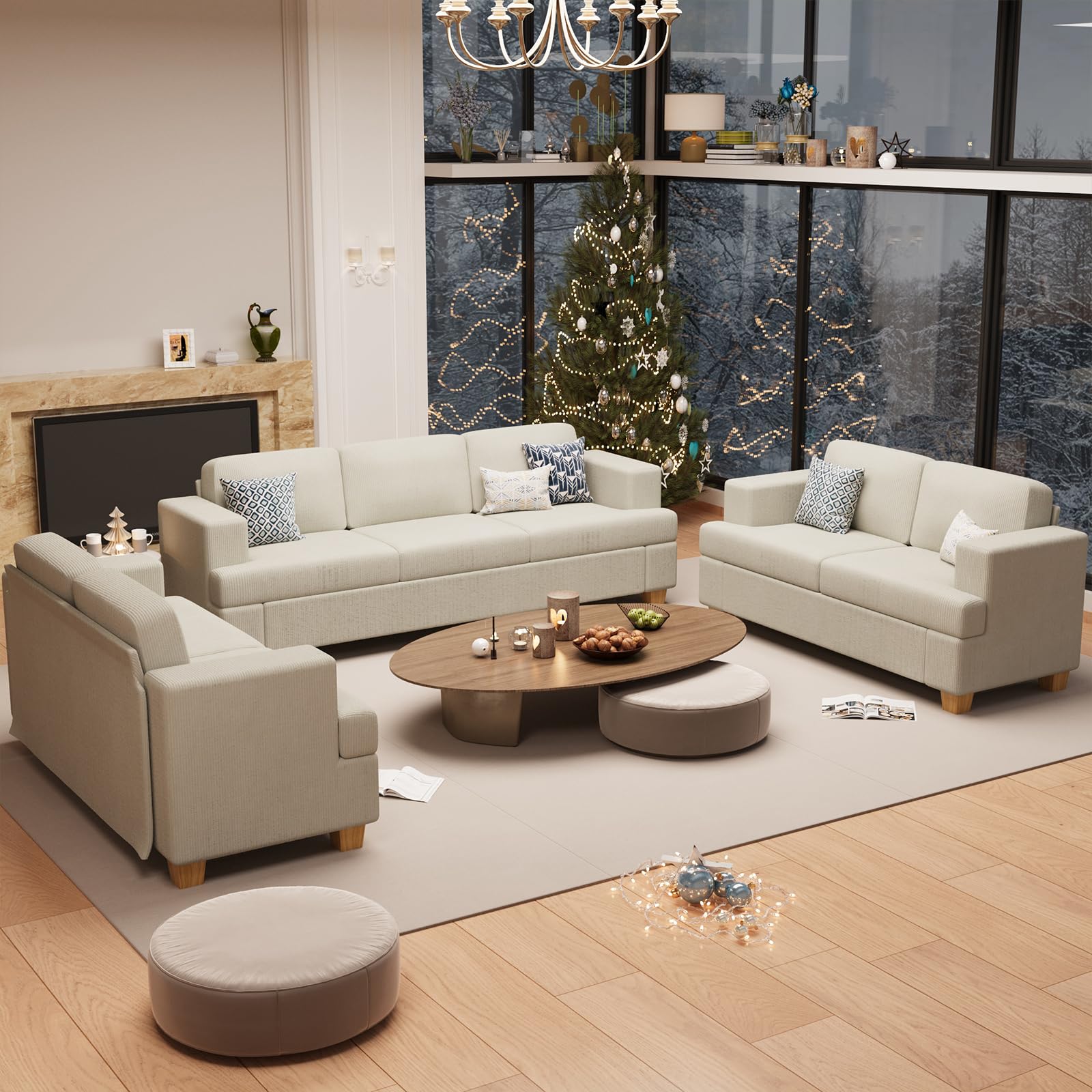 Fiona s magic 3 Pieces Corduroy Couch Set for Living Room, 7 Seats Cloud Sofa, Deep Seat Floor Couch for Bedroom, Futon Modern 