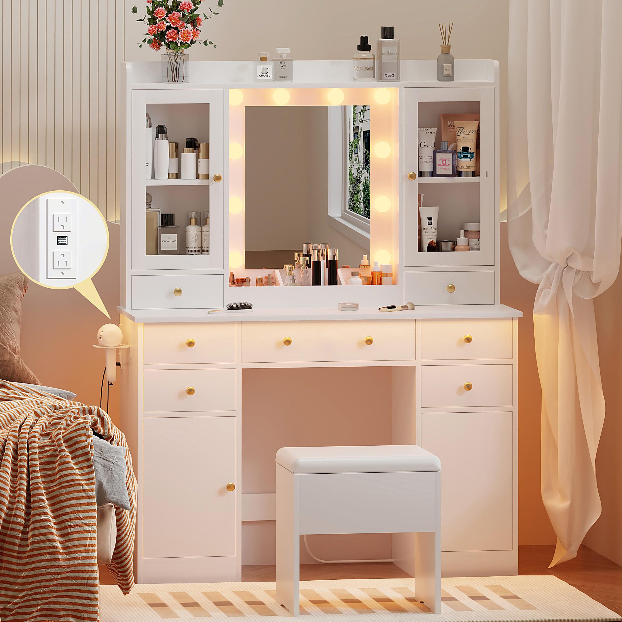 HUANLEGO Vanity Desk with Mirror and Lights, White Vanity Mirror with Lights Desk and Chair & Charging Station, Makeup Vanity De