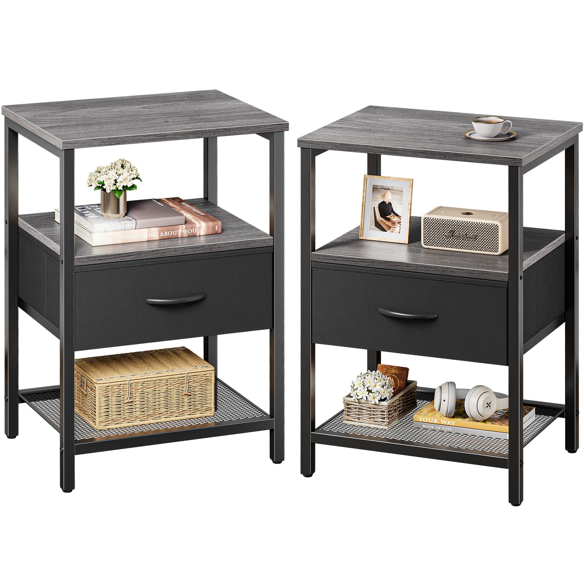 Huuger Nightstand Set of 2, Night Stand with Fabric Drawer, Mesh Shelf, Side Table with Storage, Fabric Drawer Dresser, Open She