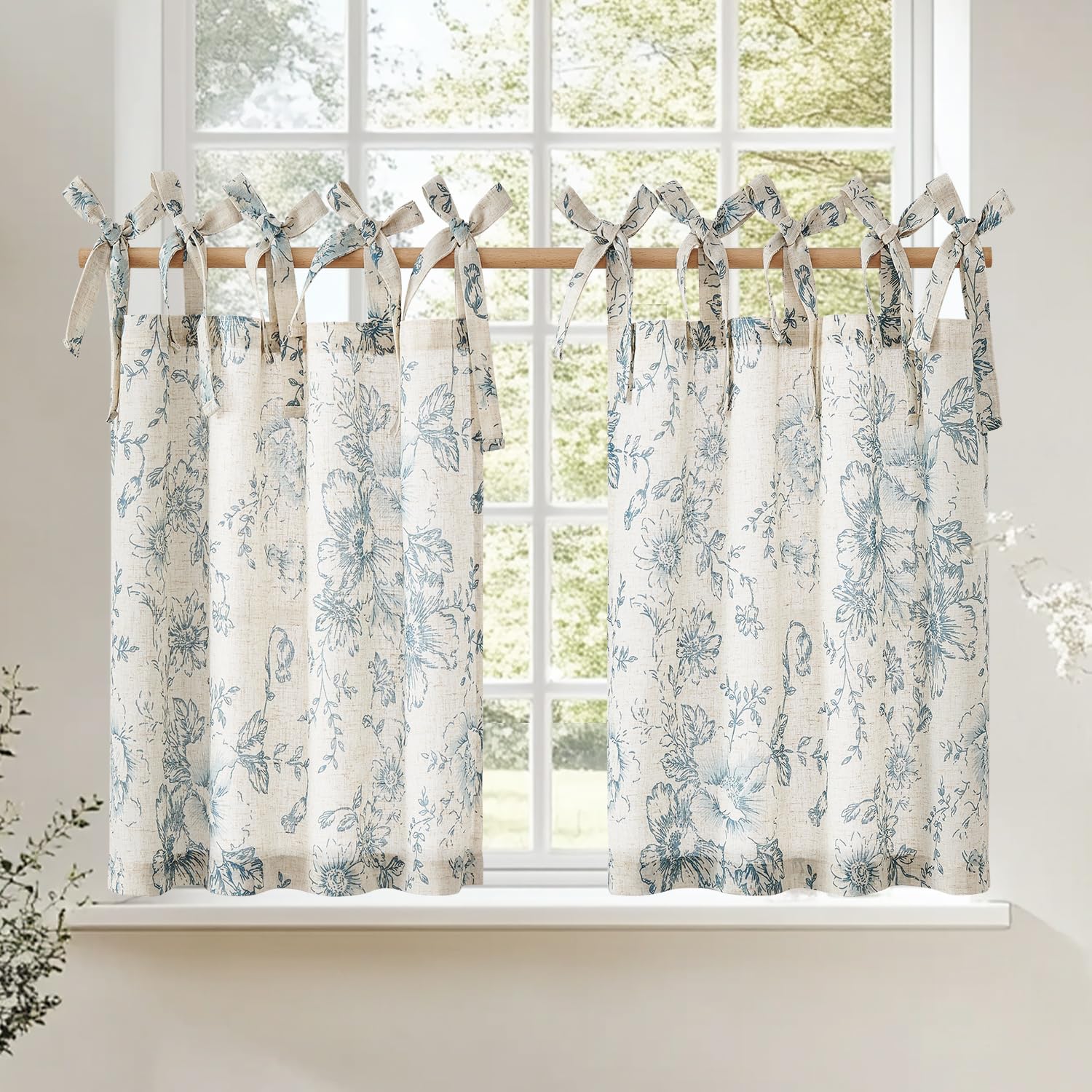 jinchan Floral Linen Tier Curtains 36 Inch Farmhouse Cafe Curtains Tie Top Botanic Drapes for Small Windows Over Sink for Kitche