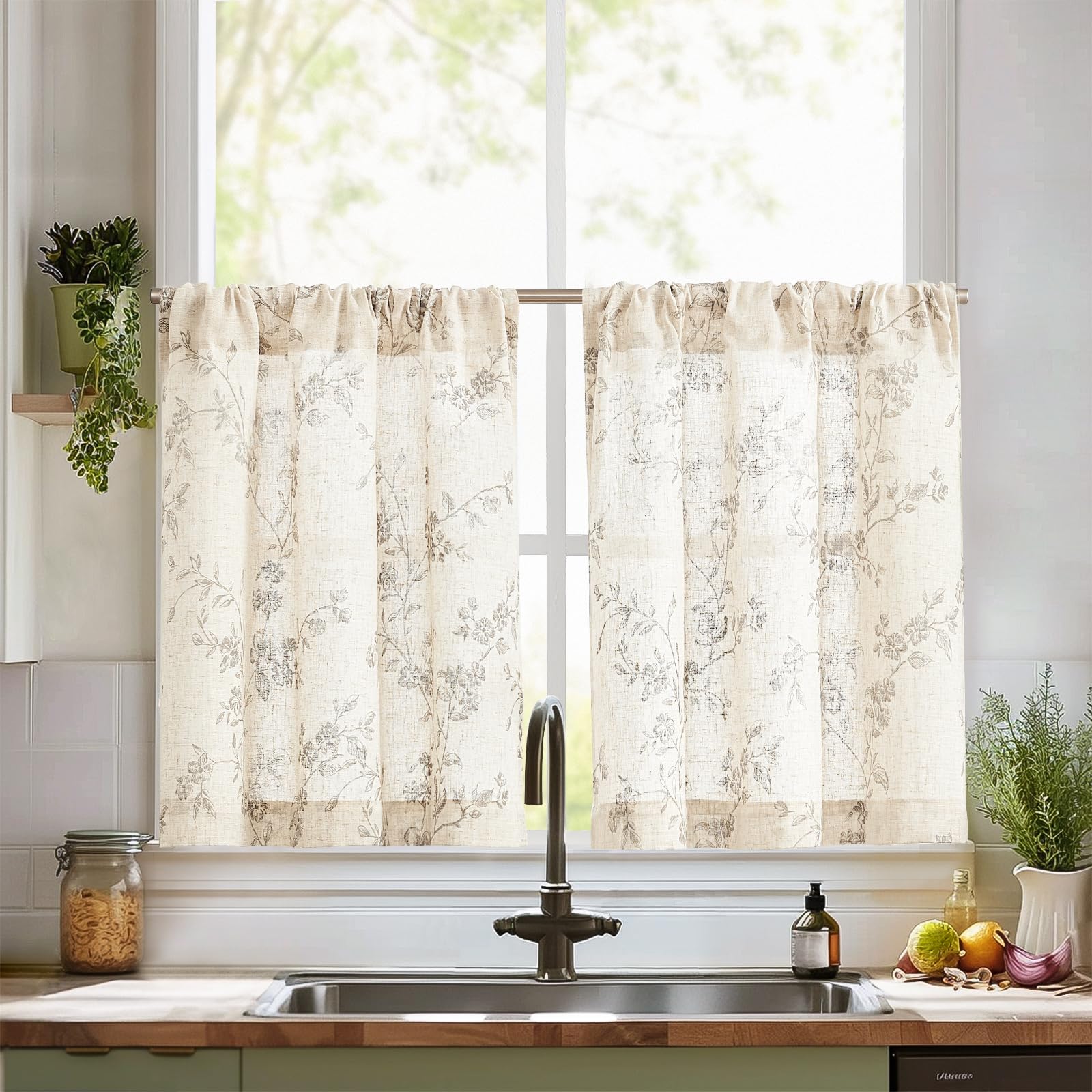 jinchan Gray Floral Kitchen Curtains 30 Inch Linen Tier Curtains Farmhouse Cafe Half Window Drapes Over Sink Light Filtering Gre