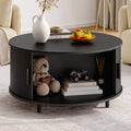ONBRILL Round Coffee Table with Storage, 31.5 Modern Coffee Table with 360 Curved Sliding Door, Fluted Wood Accent Coffee Table 