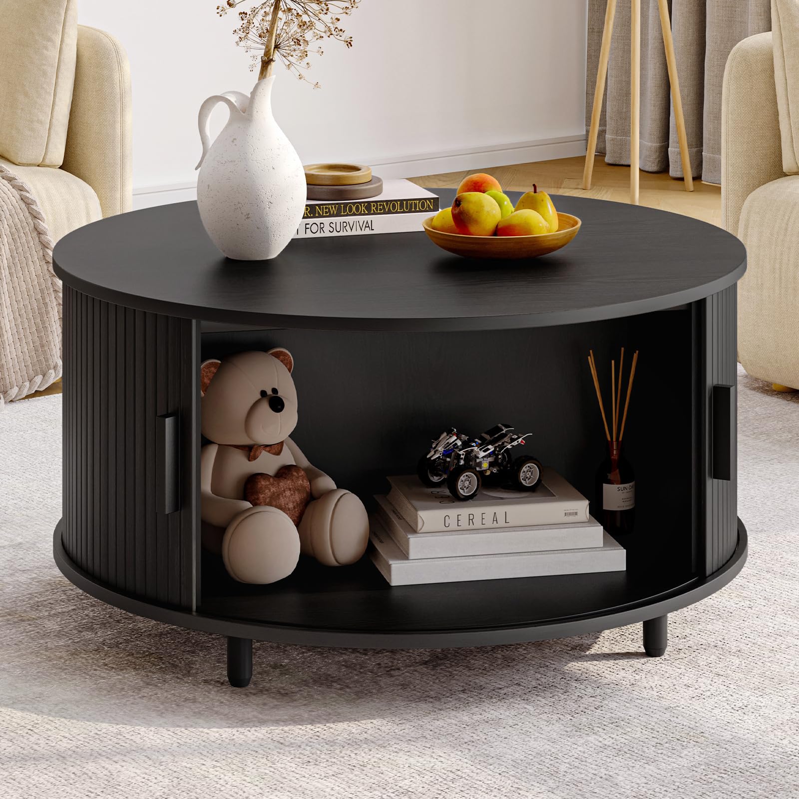 ONBRILL Round Coffee Table with Storage, 31.5 Modern Coffee Table with 360 Curved Sliding Door, Fluted Wood Accent Coffee Table 