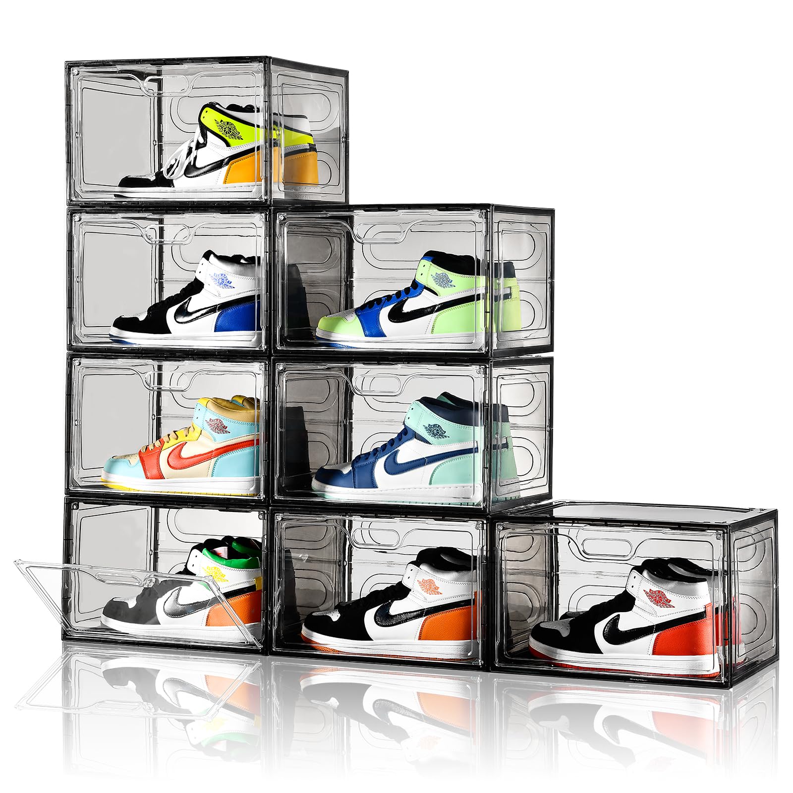 Amllas New Gray 8 Pack Shoe Boxes Stackable, Large Shoe Storage Organizer with Lids,Drop Side Shoe Containers for Entryway,Sneak