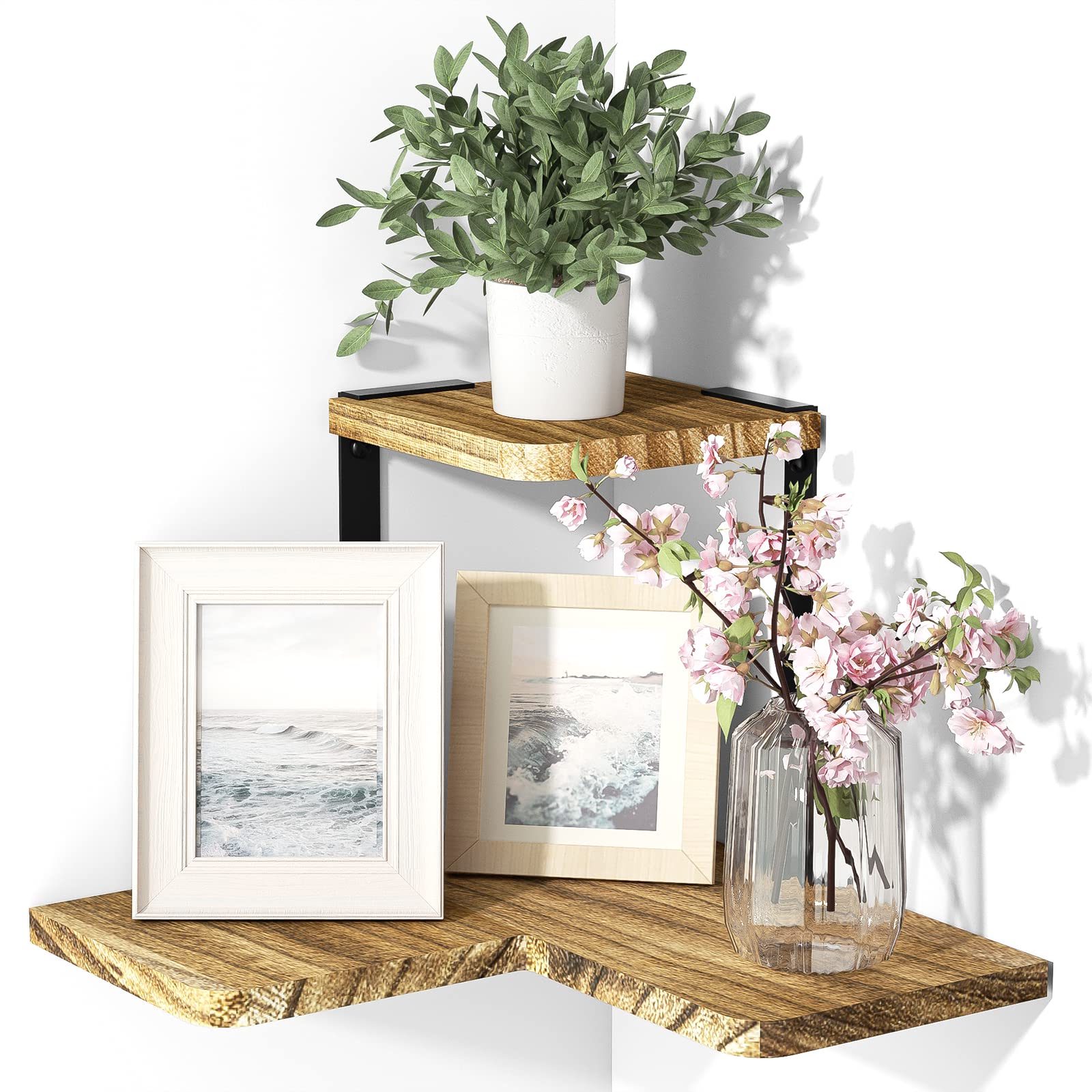 SRIWATANA Rustic Corner Shelf, 2-Tier Wood Wall Shelf, Wall Mounted Storage Shelves for Bedroom, Living Room, Bathroom, Carboniz