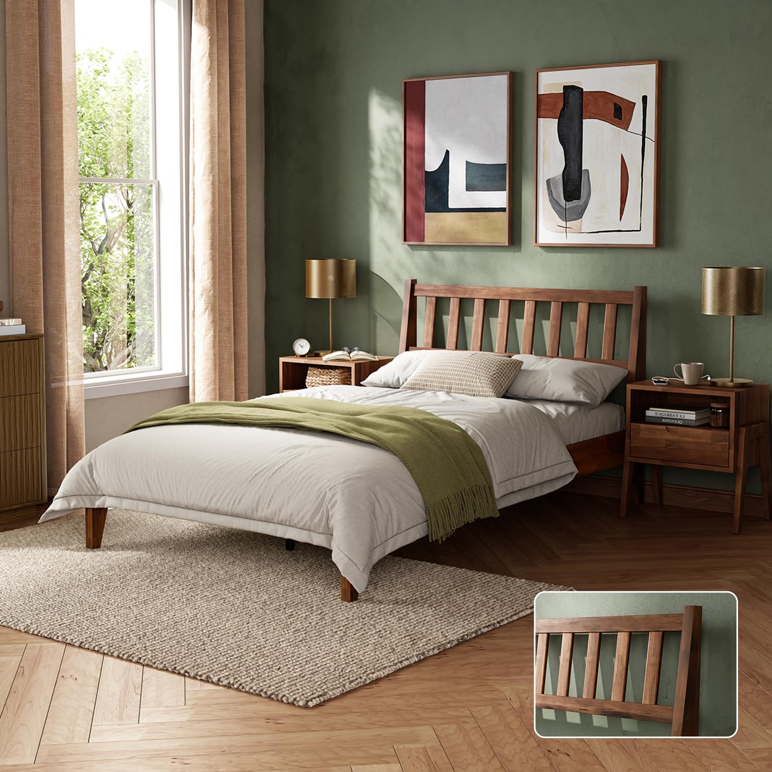 mopio Ted Bed Frame with Headboard, Mid Century Modern Acacia Solid Wood Platform Bed Frame, Wooden Slats, No Box Spring, Double