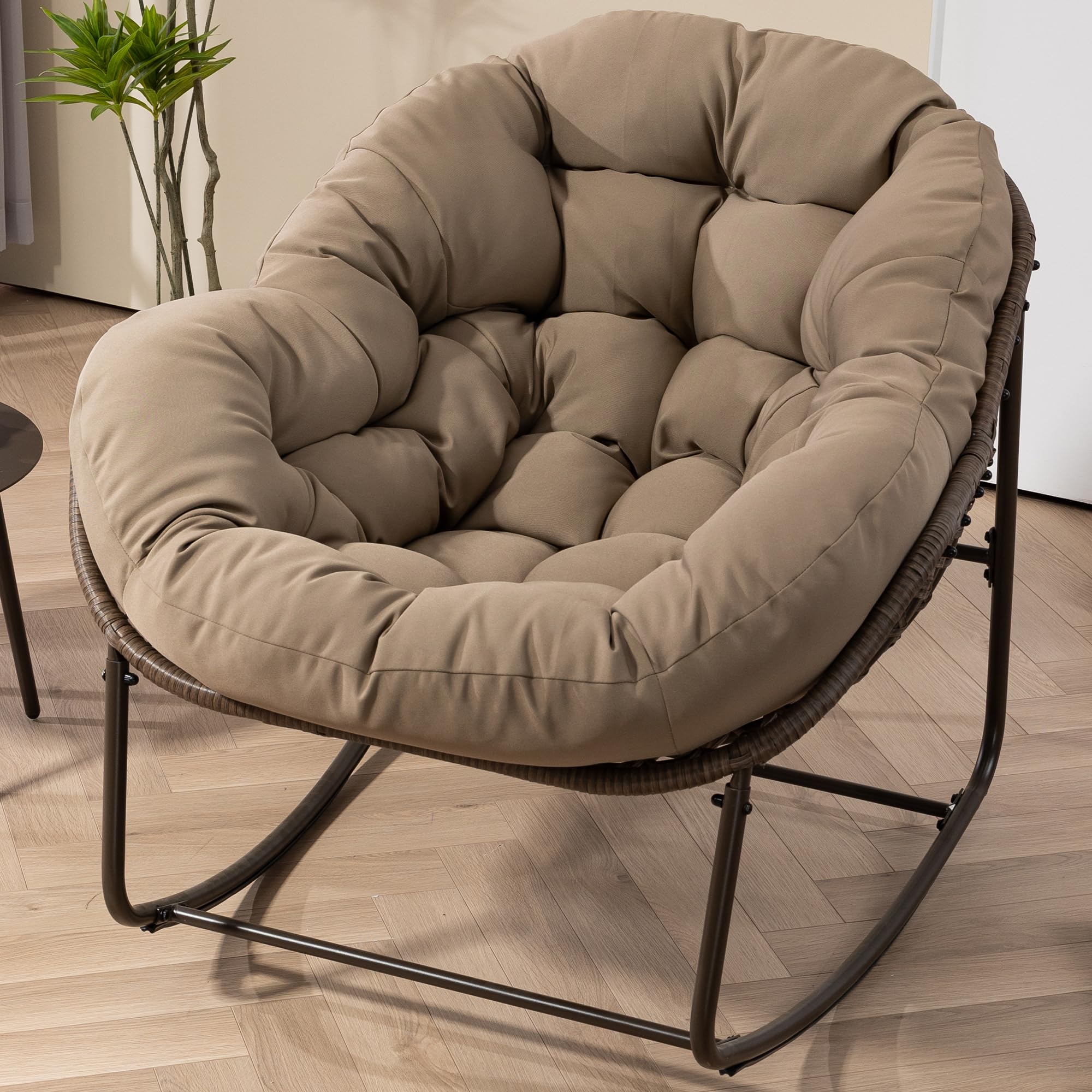 Villeston Outdoor Papasan Rocking Chair - Oversized Comfy Patio Chair Indoor Egg Royal Rattan Rocking Chair with Cushion for Fro