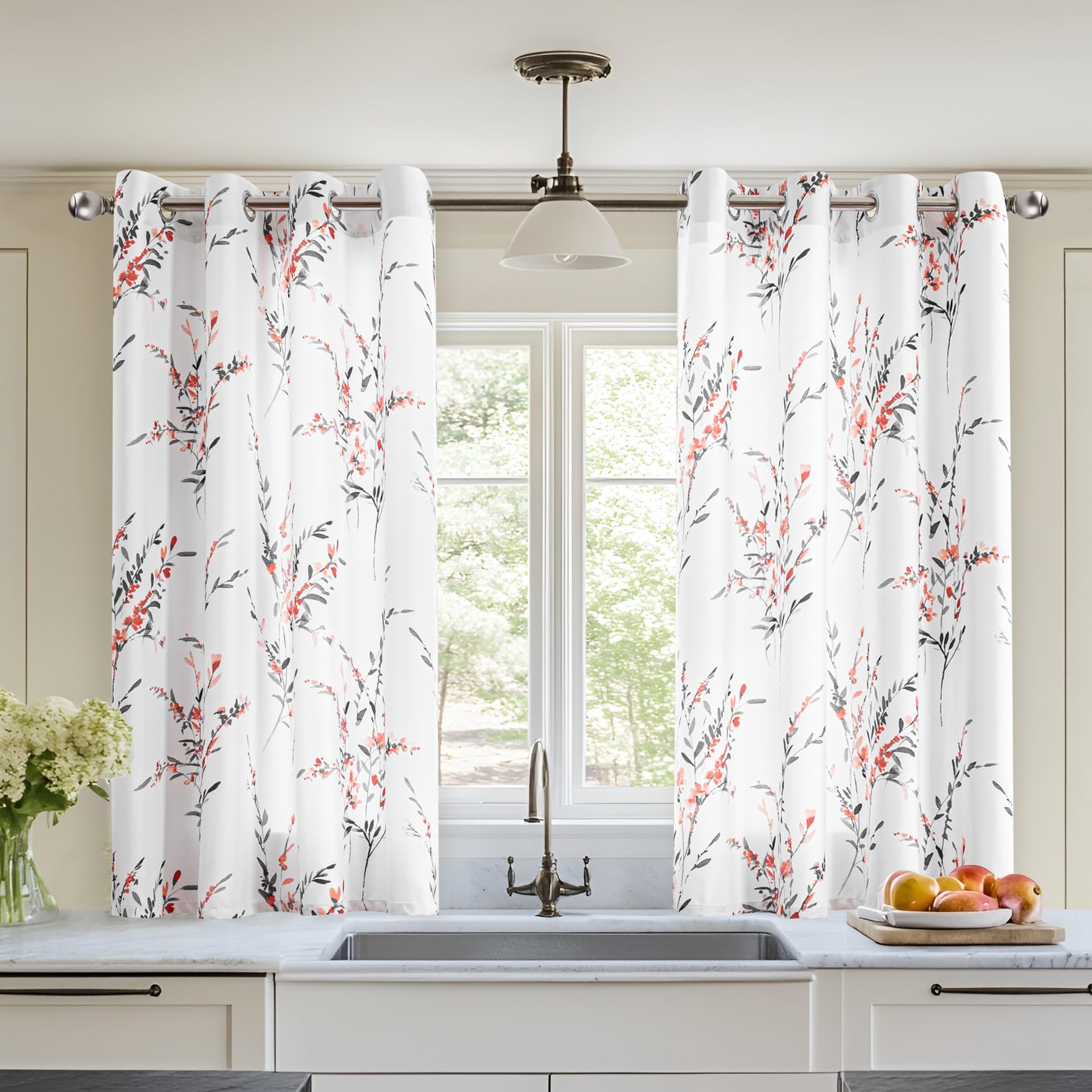 MYSKY HOME Kitchen Curtains 45 inch Length Floral Curtains Thermal Insulated Light Filtering Darkening Leaf Pattern Printed Grom