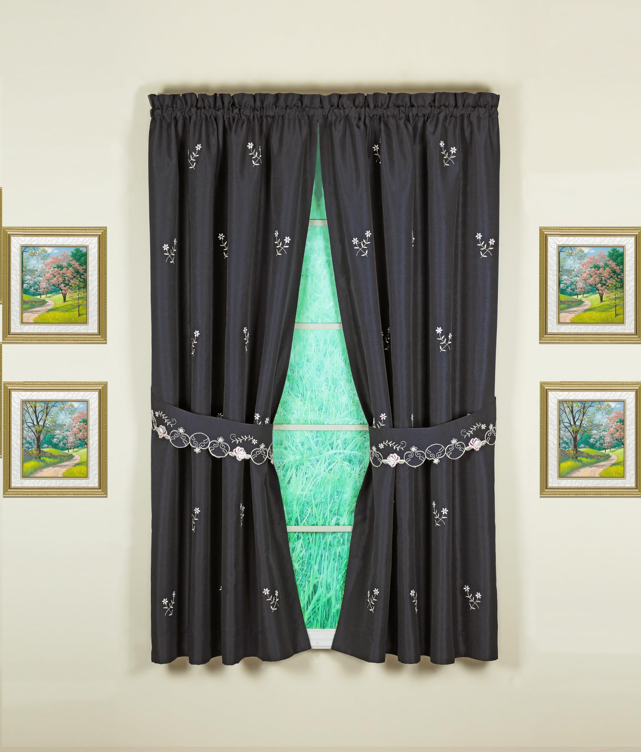 Todays Curtain Verona Reverse Embroidery Panel Pair and Tiebacks, 63, Black/Rose, 80 W X 63 L