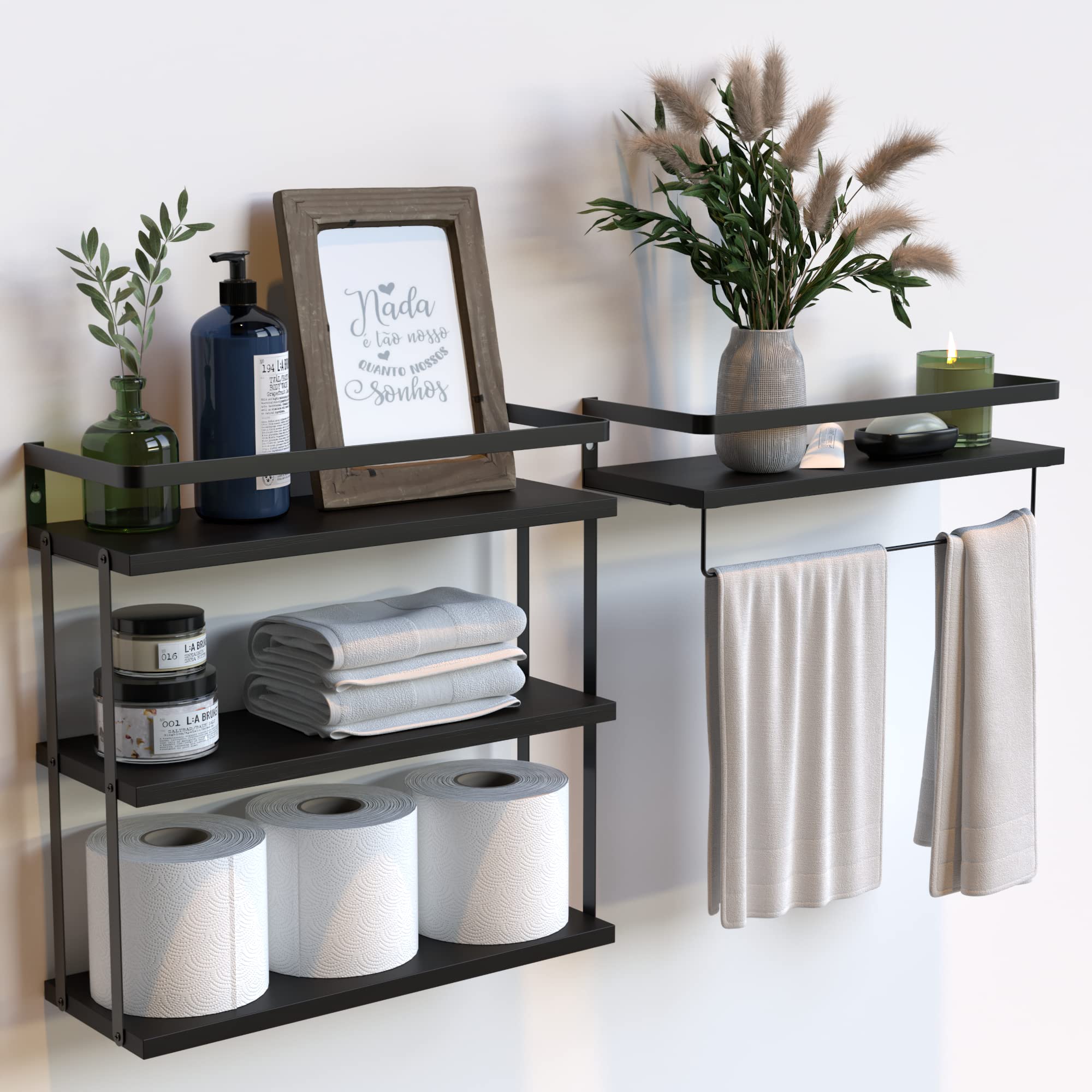 RICHER HOUSE 3+1 Tier Wall Mounted Floating Shelves Set of 2, Rustic Wood Wall Shelf with Metal Frame, Extra Storage Rack for Ba