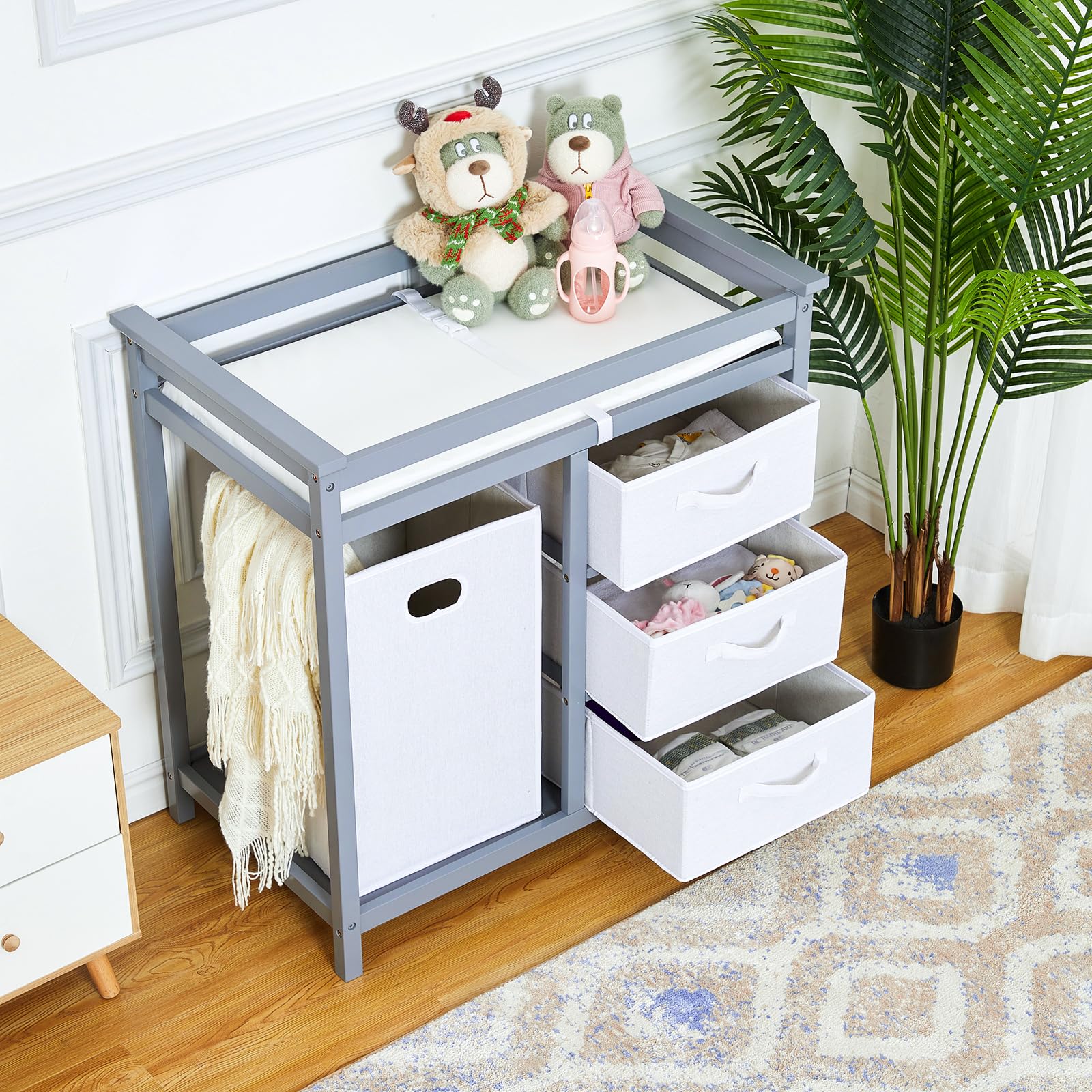 MilleLoom Wooden Baby Changing Table, Modern Diaper Changing Table, Infant Diaper Changing Station Dresser with Laundry Hamper, 