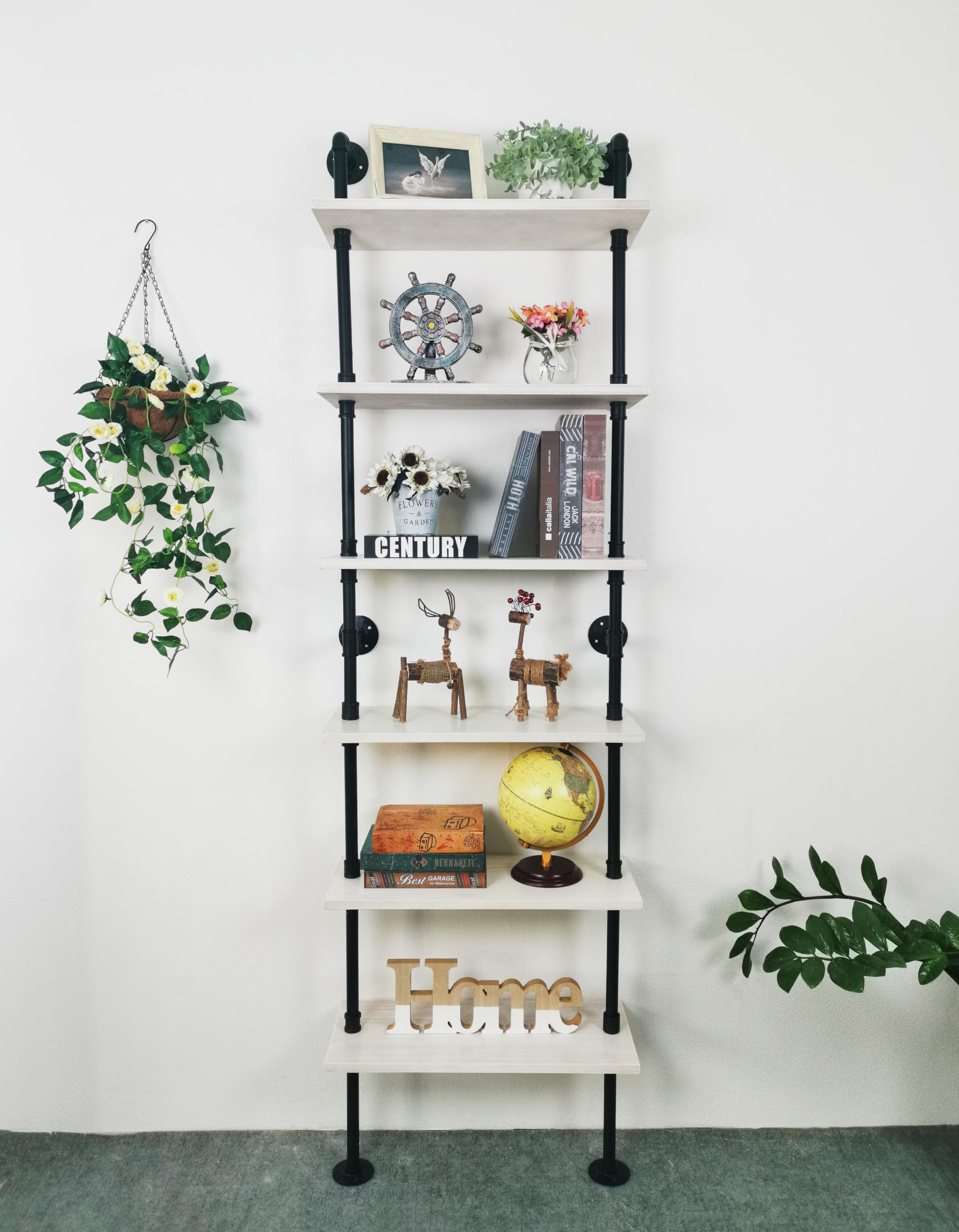 Anynice Industrial Ladder Pipe Shelves, Wall Mounted Wood Metal Rustic Bookshelf for Living Room (White, 6 Tier - 10 D x 24 W x 