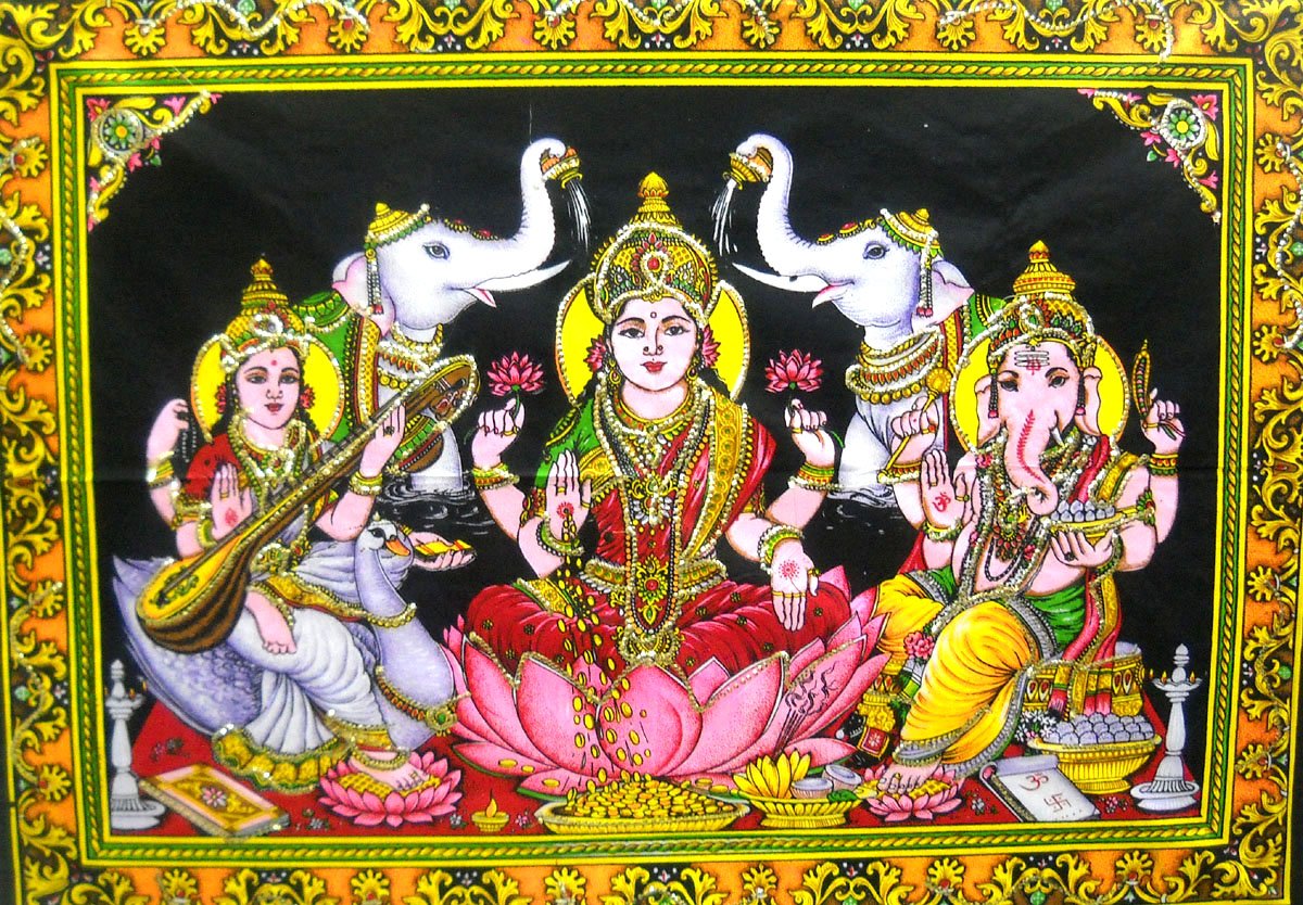 Auspicious Lakshmi Ganesha Saraswati/ Diwali Pujan sequin Batik Cotton Wall Tapestry 40 X 30