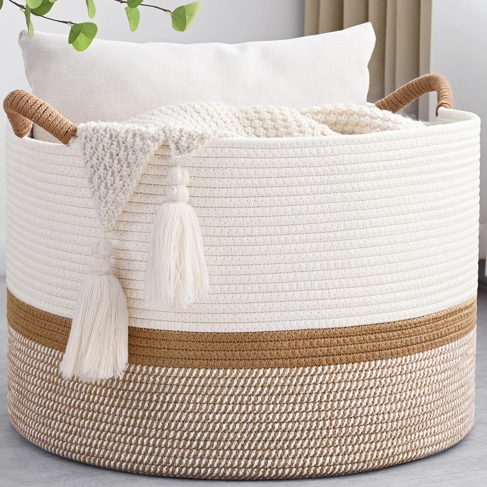 Degeyoyo Large Blanket Basket, 20x13 Woven Storage Baskets With Handle, Cotton Rope Blanket Basket Living Room, Baby Laundry ham