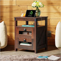 WLIVE Nightstand with Charging Station, Farmhouse End Table, Side Table with 2 Storage Drawers and Open Shelf, Wood Rustic Night