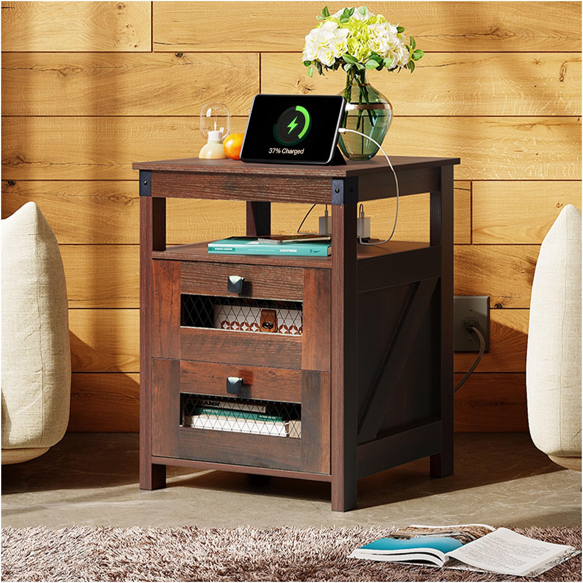 WLIVE Nightstand with Charging Station, Farmhouse End Table, Side Table with 2 Storage Drawers and Open Shelf, Wood Rustic Night