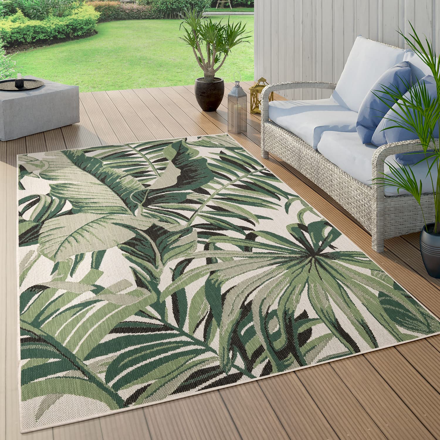 in- & Outdoor Rug Tropical Palm Leaf Design for Patio in Green Beige, Size: 2 x 33