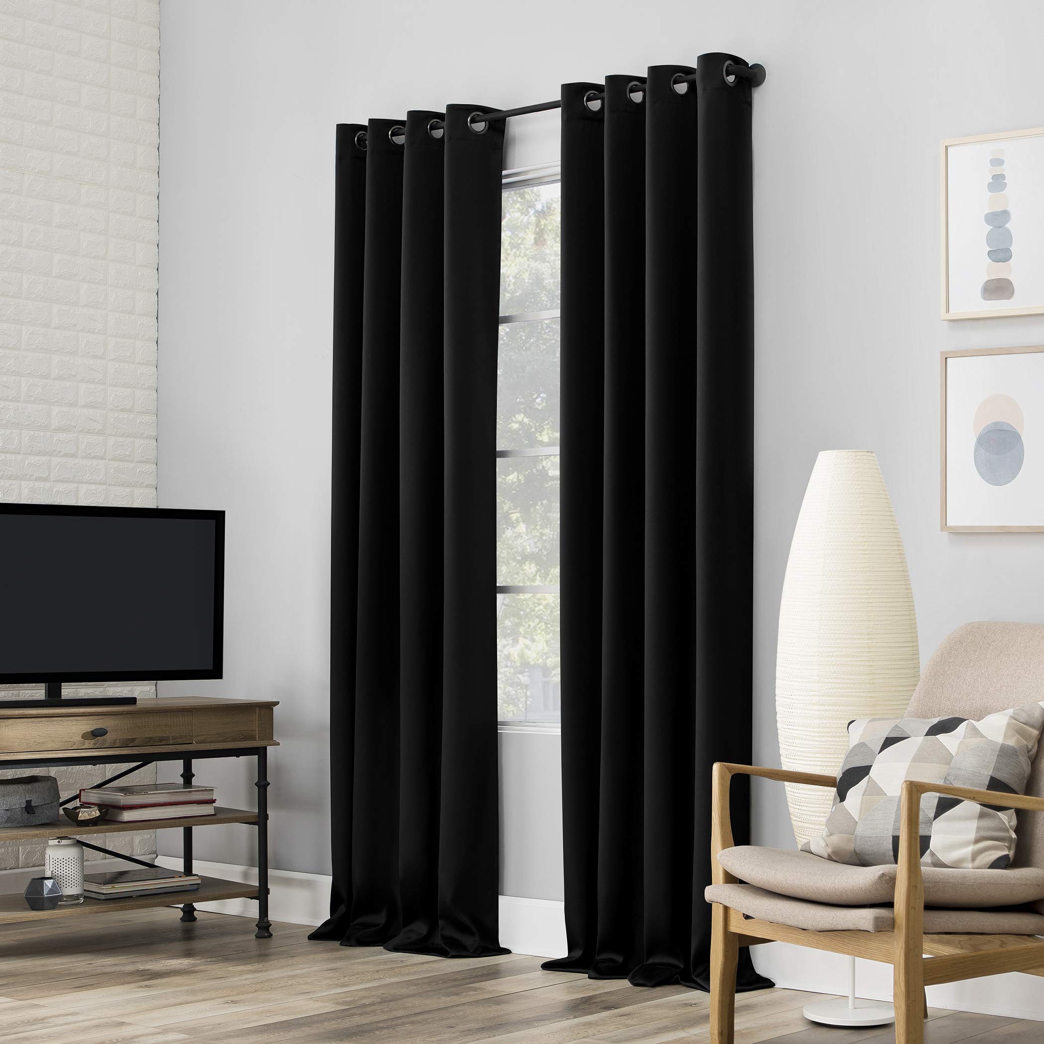 Sun Zero Nordic 2-pack Theater Grade Extreme 100% Blackout Grommet Curtain Panel Pair, 52 x 84, Black