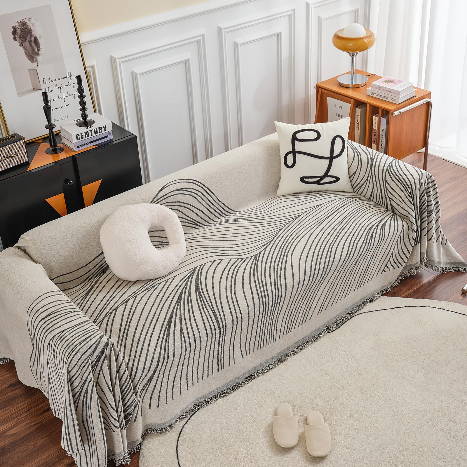 HANDONTIME Chenille Sofa Covers Simple Striped Dog Couch Cover Beige Grey Sofa Covers Mountain Geometric L Shaped Couch Cover Fa