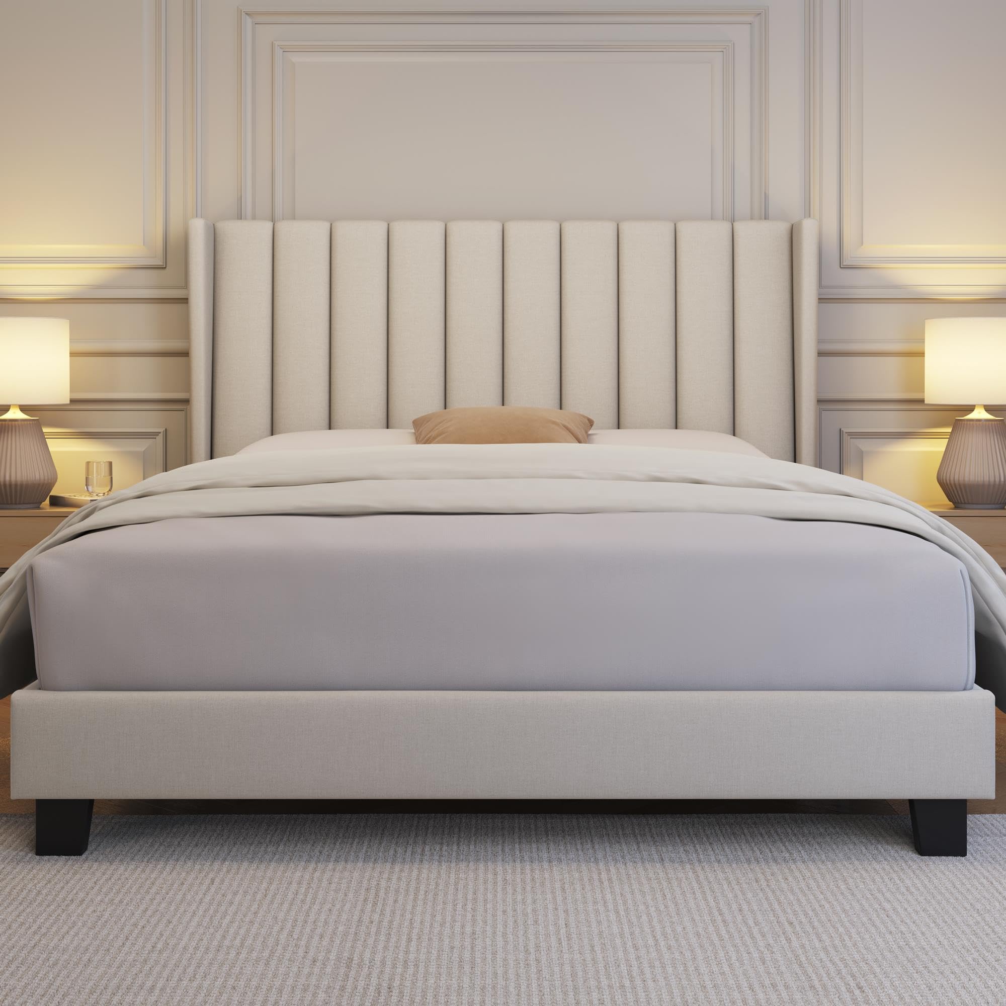 Yaheetech Queen Bed Frame Upholstered Platform Bed with Fabric Headboard, Wing Edge Design/Non-Slip and Noise-Free/Wooden Slats 