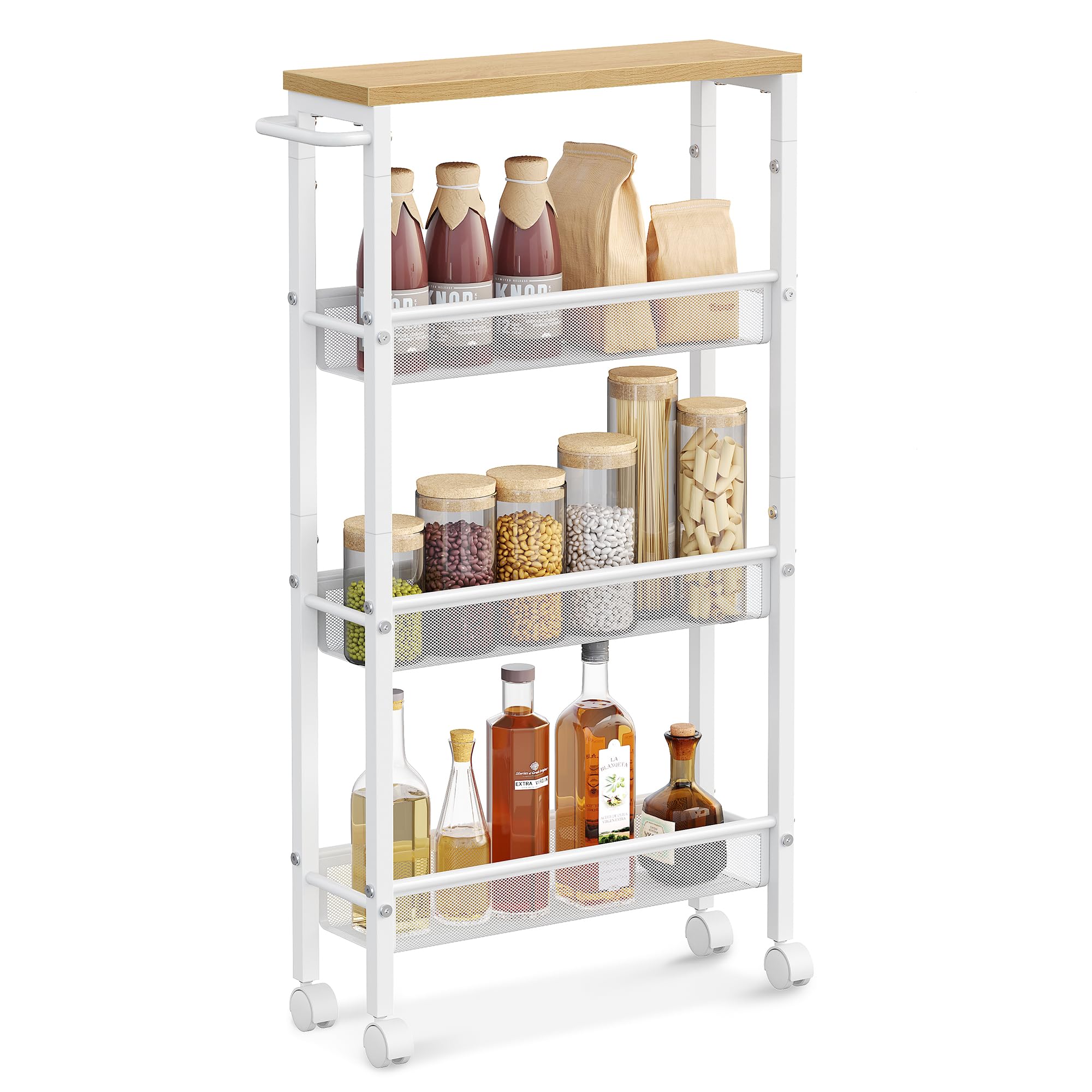 VASAGLE Slim Rolling Cart, 4-Tier Storage Cart, Narrow Cart with Handle, 5.1 Inches Deep, Metal Frame, for Kitchen, Dining Room,