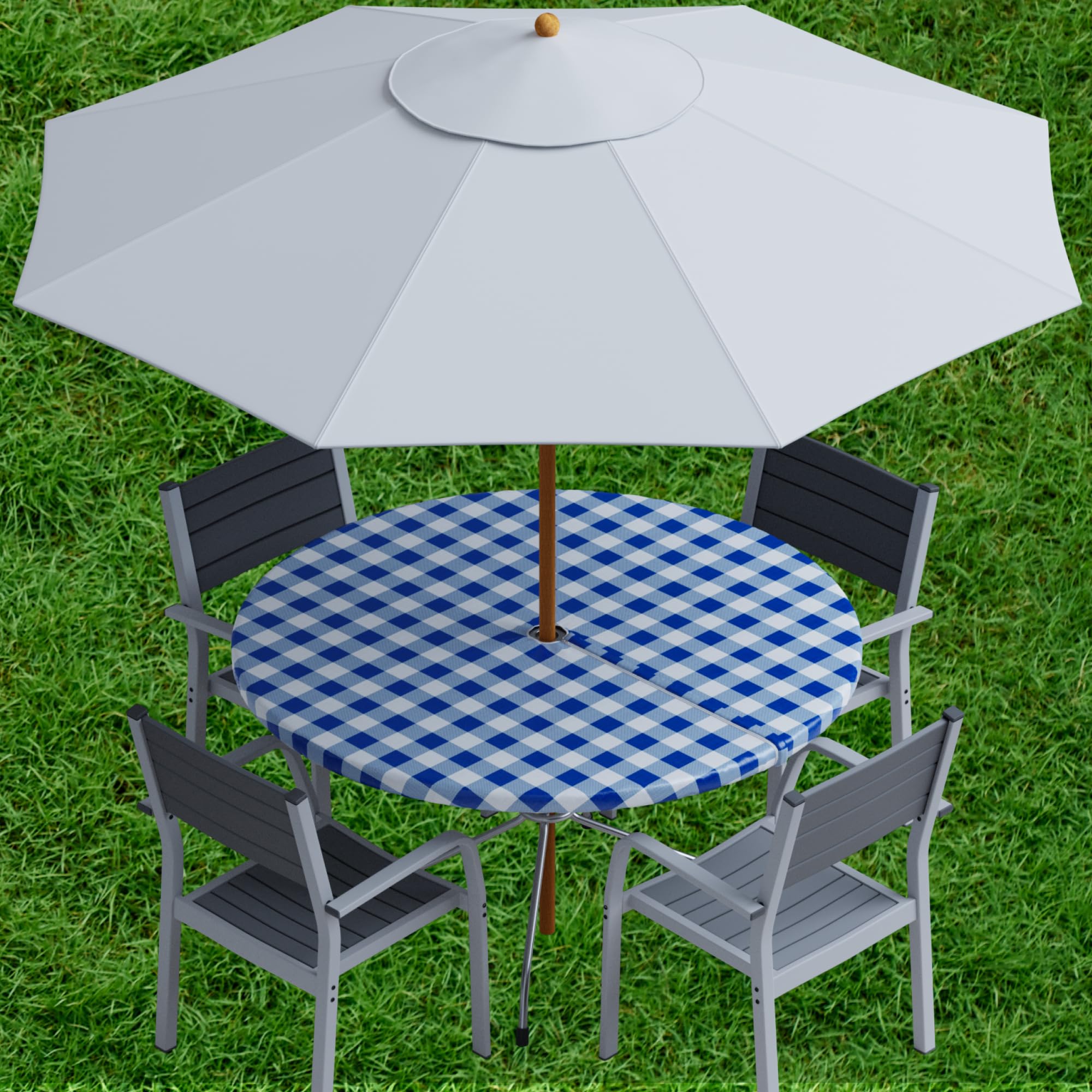 Sorfey Vinyl Umbrella Round Fitted Tablecloth Cover, Checkered Design, Flannel Backed Lining 36 Inch, Blue
