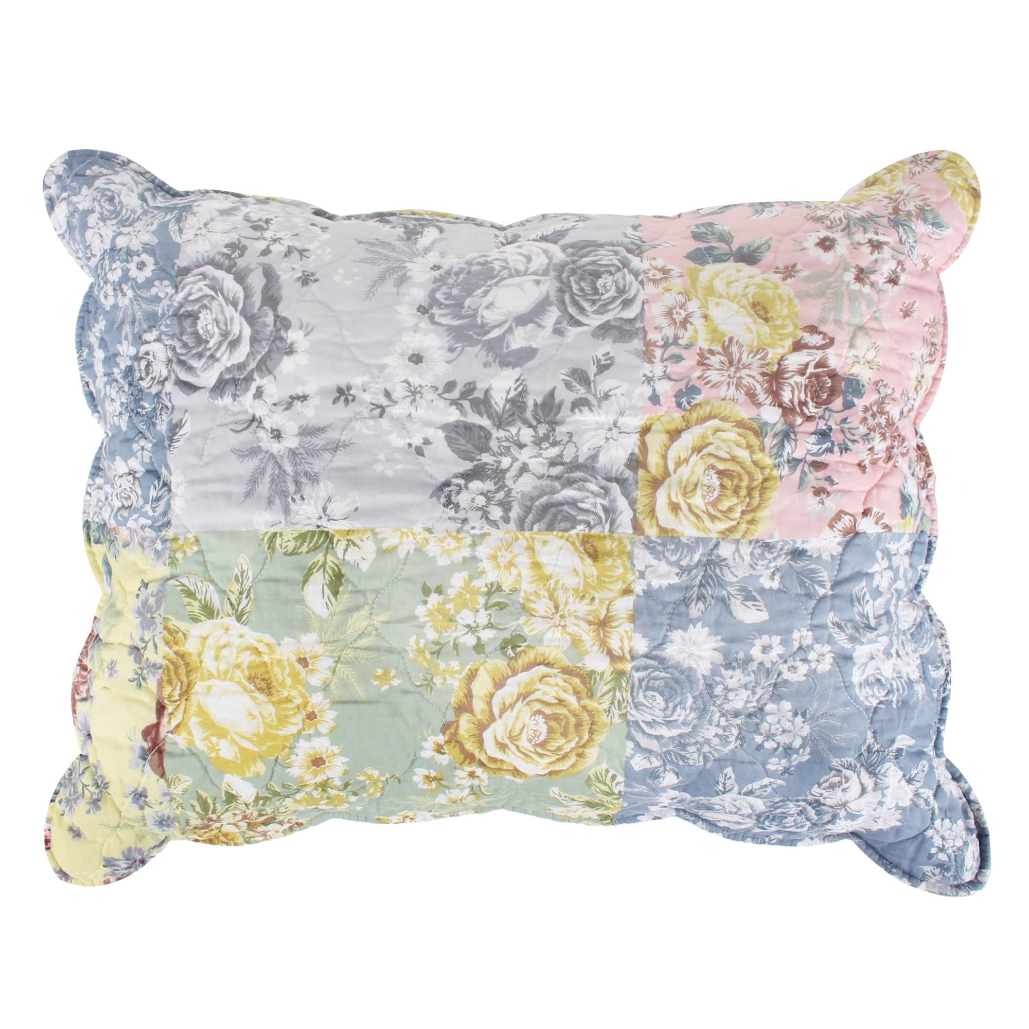 Greenland Home Emma Floral Patchwork Quilted Reversible Pillow Sham, King 20x36-inch, Gray