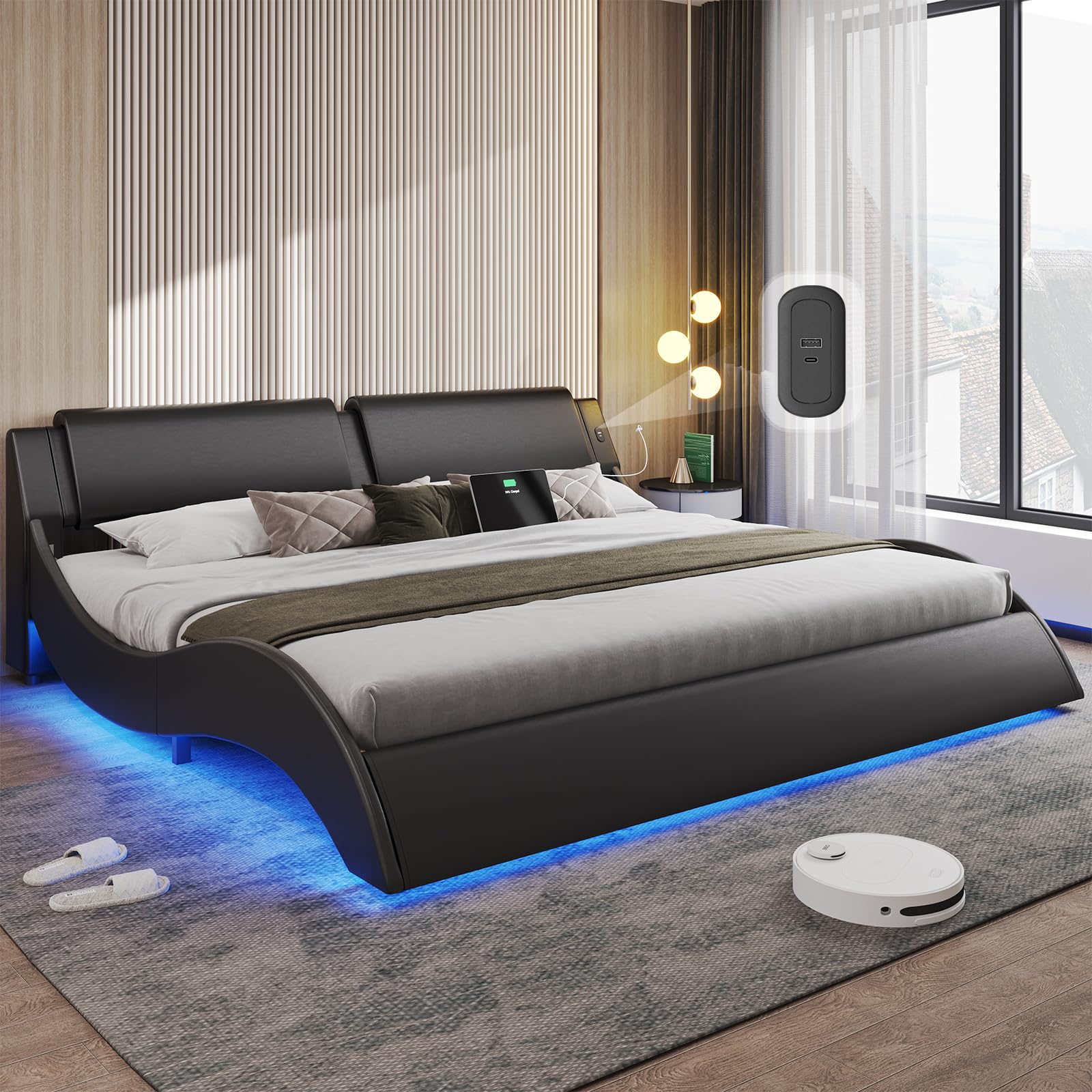 DICTAC King Size Bed Frame with Headboard and Charging Ports Modern Low Profile King Platform Bed Frame with LED Lights Wave Lik