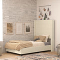 Flash Furniture Quinn Upholstered Platform Bed - Beige Channel Stitched Wingback Headboard - Twin - Mattress Foundation with Sla