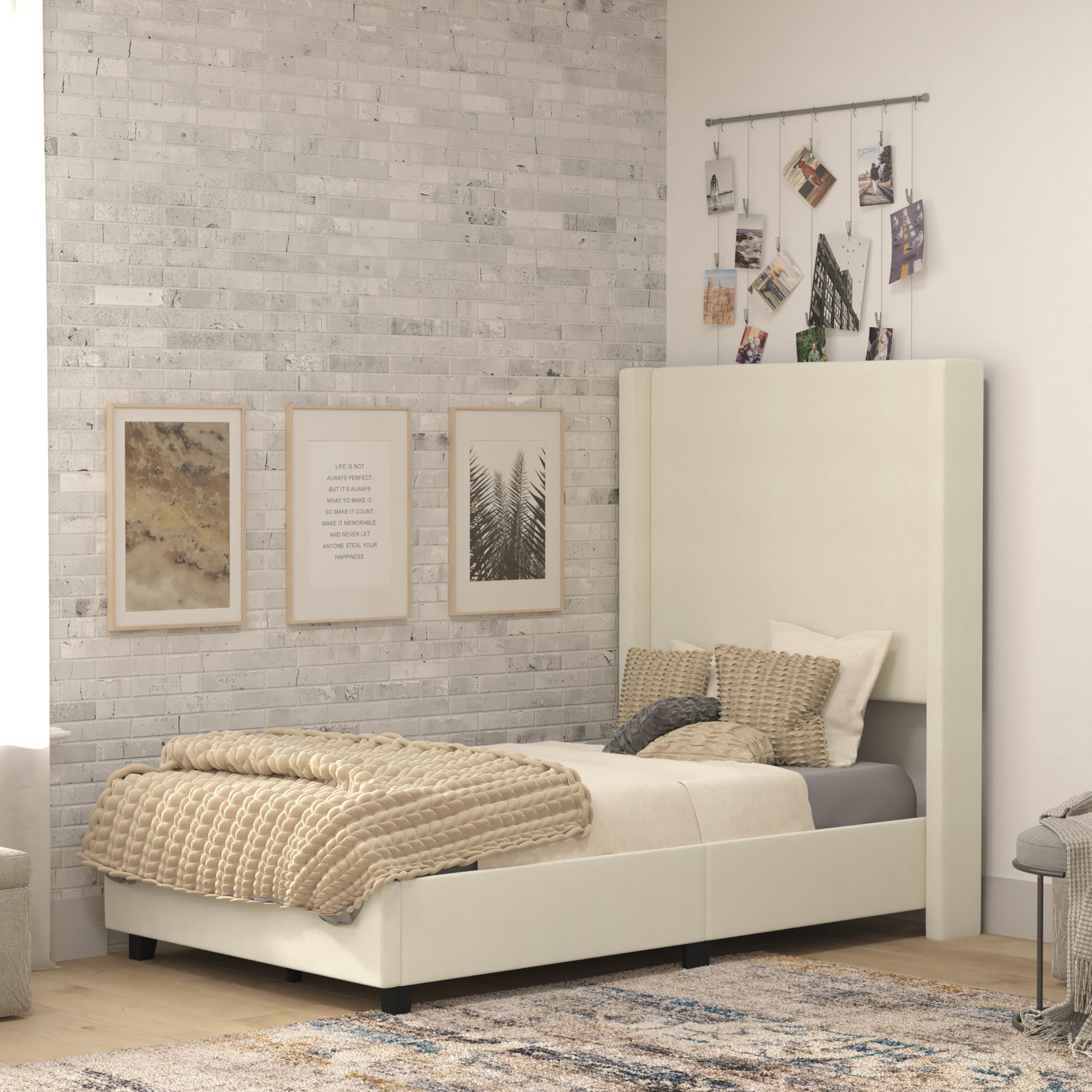 Flash Furniture Quinn Upholstered Platform Bed - Beige Channel Stitched Wingback Headboard - Twin - Mattress Foundation with Sla