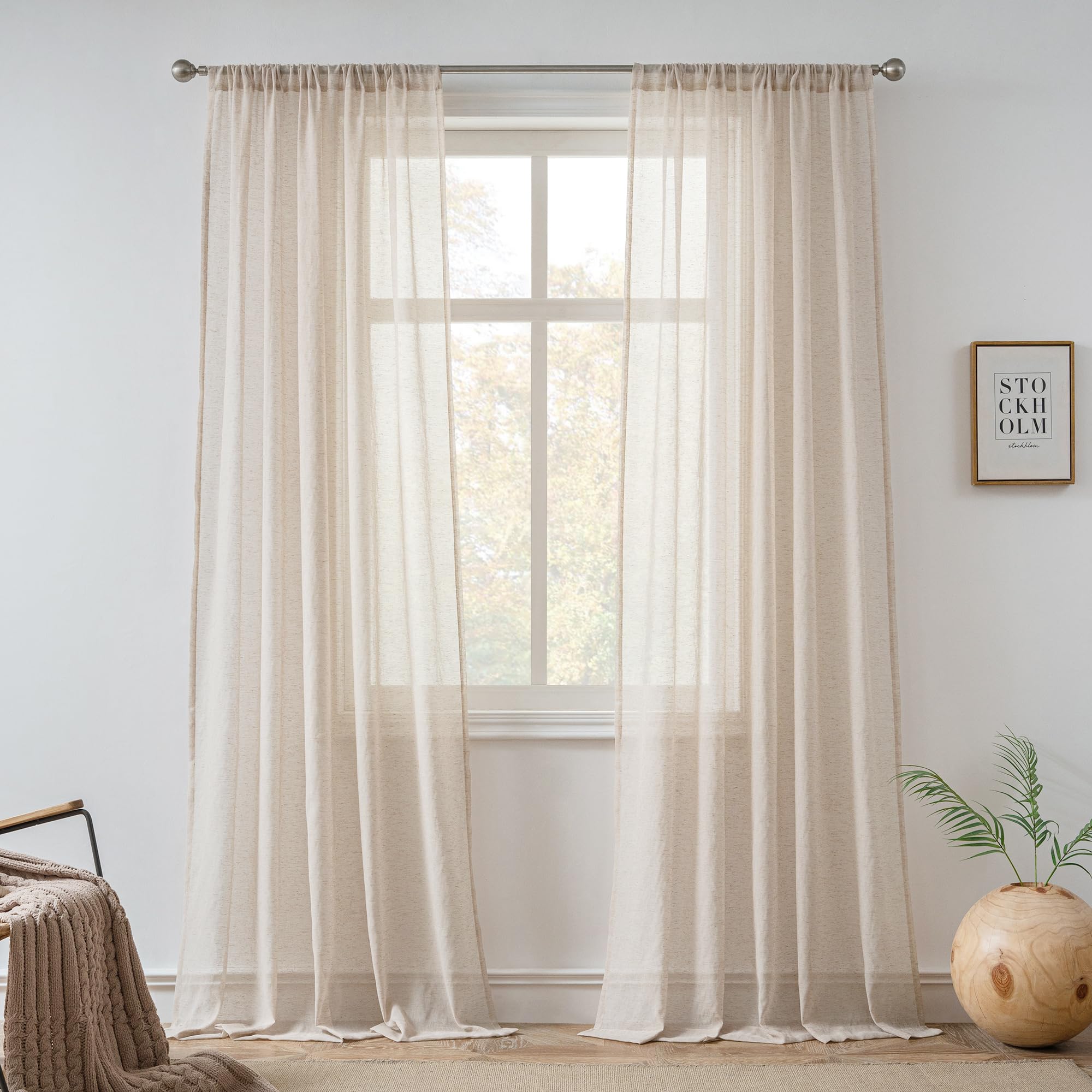FMFUNCTEX Linen Sheer Curtains for Bedroom, Taupe Curtains 96 inches Long for Living Room, Brown Farmhouse French Flax Blend Win