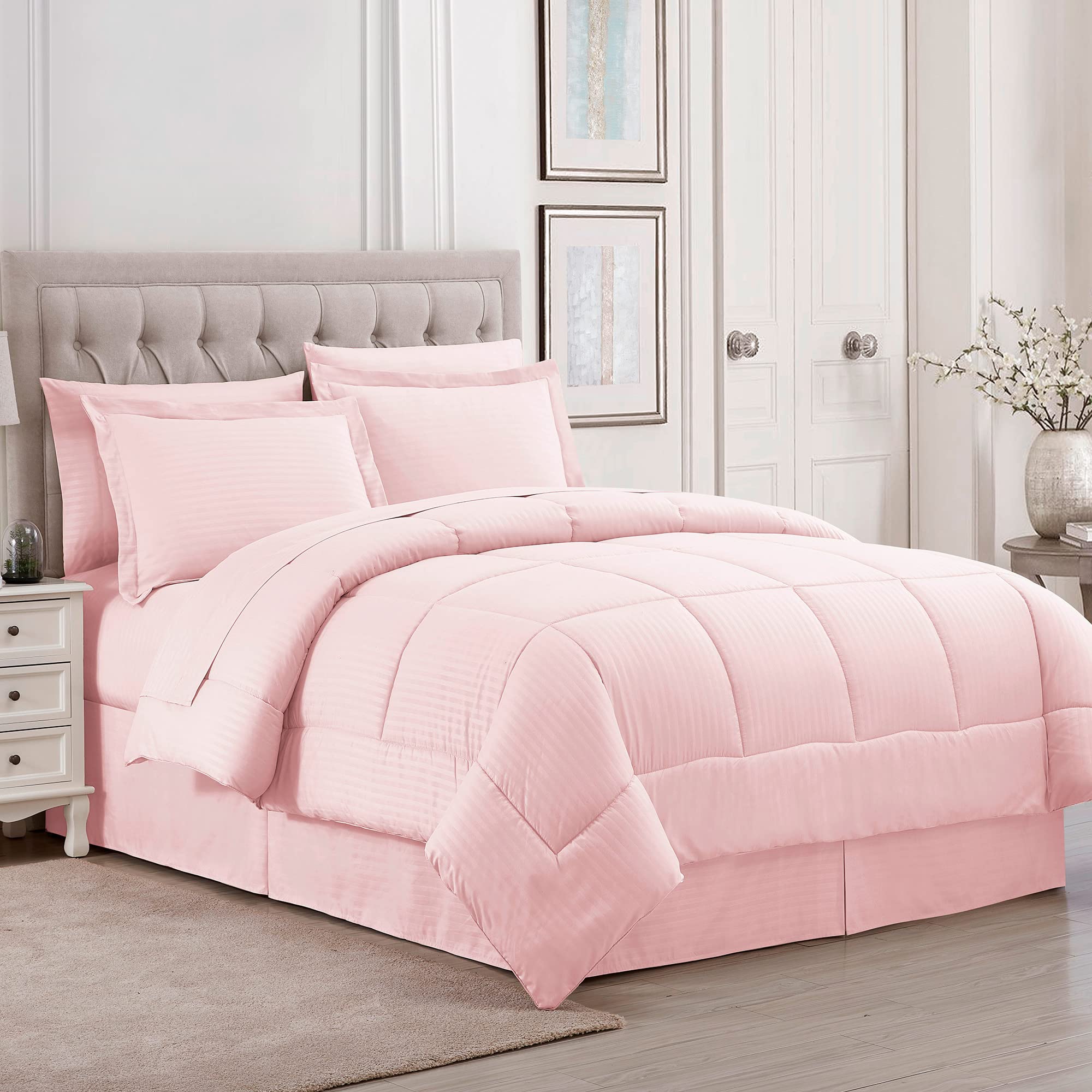 King Size Comforter Set 8 Piece Bed in a Bag with Bed Skirt, Fitted Sheet, Flat Sheet, 2 Pillowcases, 2 Pillow Shams, King, Dobb
