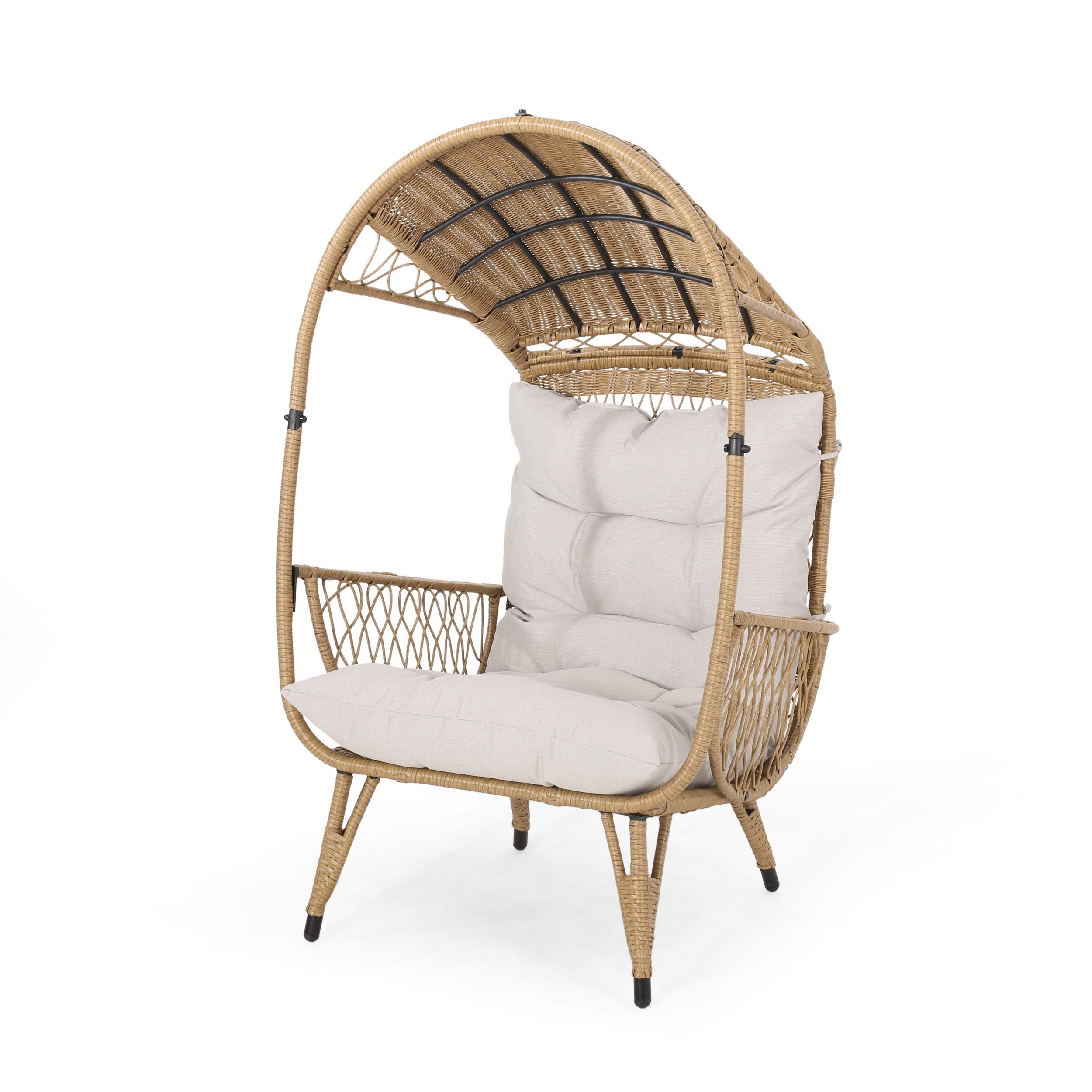 GDFStudio Joanna Outdoor Wicker Standing Basket Chair with Cushion, Light Brown and Beige