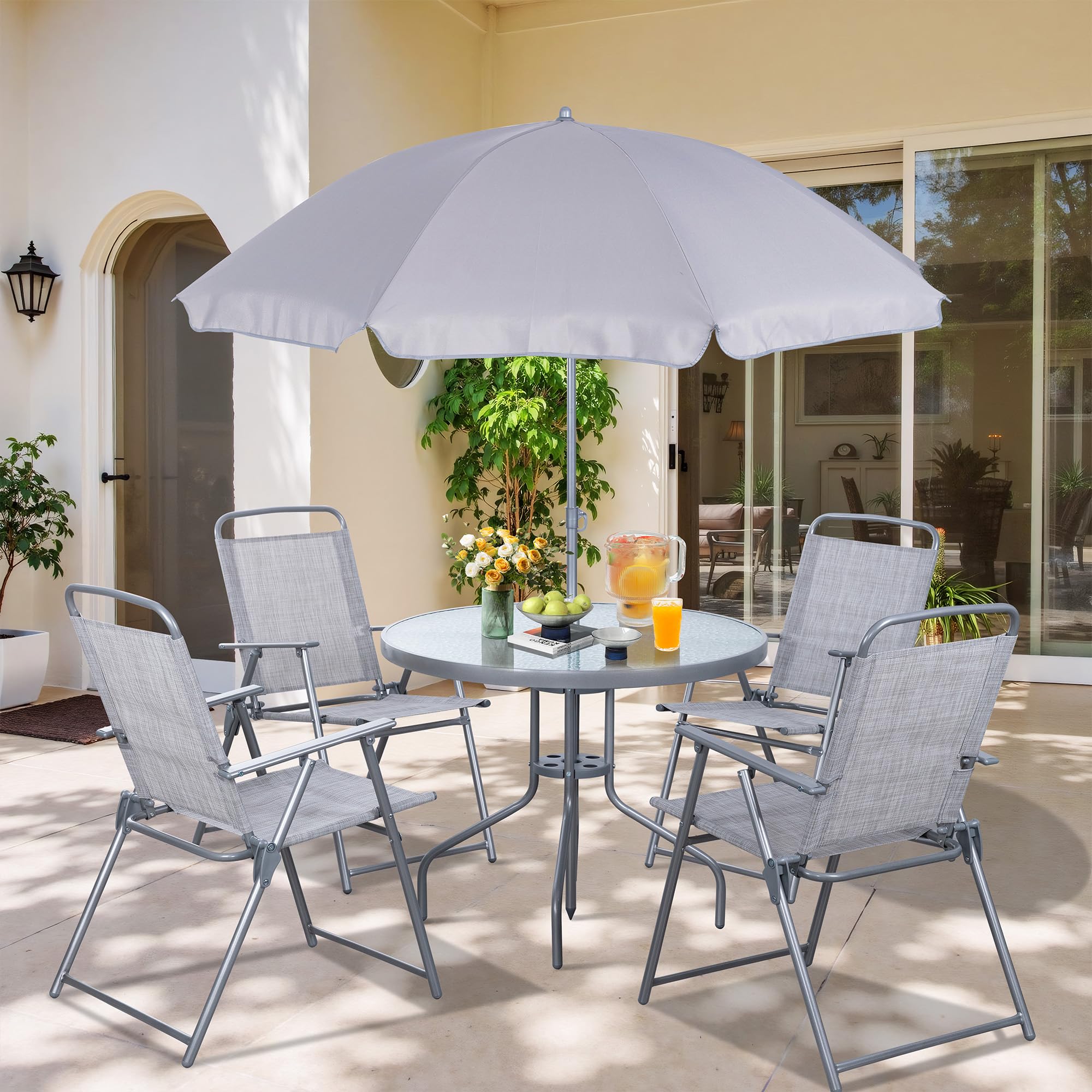 Vongrasig 6 Pieces Folding Patio Dining Set, All Weather Small Metal Outdoor Table and Chair Set, Garden Patio Furniture Set w/U