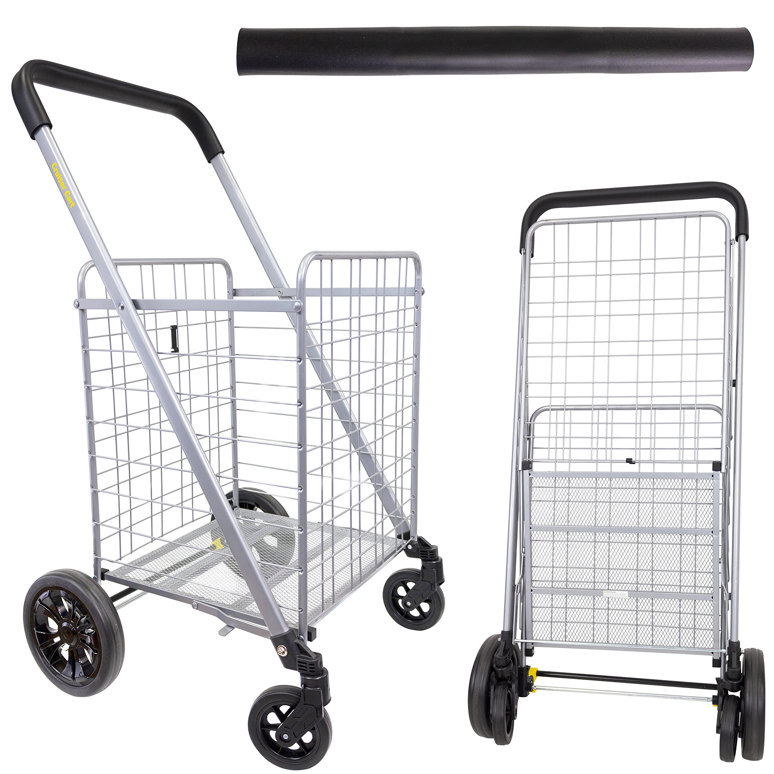 dbest products Cruiser Cart Deluxe 2 Germ Guard Bundle Shopping Handle Grocery Rolling Folding Laundry Basket on Wheels Foldable