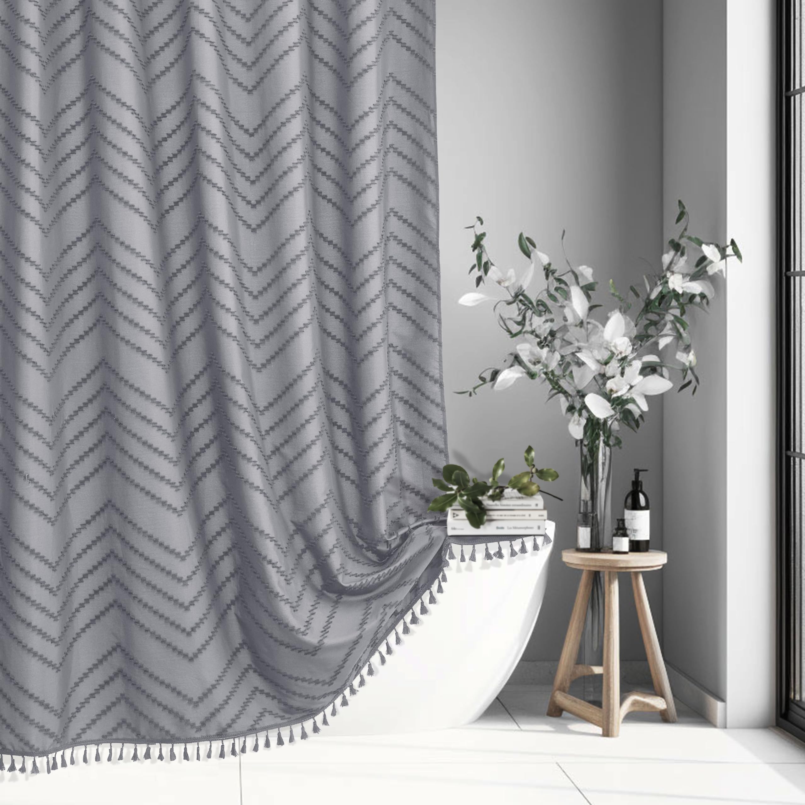 Siiluminisoy Extra Long Grey Boho Shower Curtain with Tassel, Woven Fabric 96 in Shower Curtain, Tufted Chevron Striped, 72 x 96