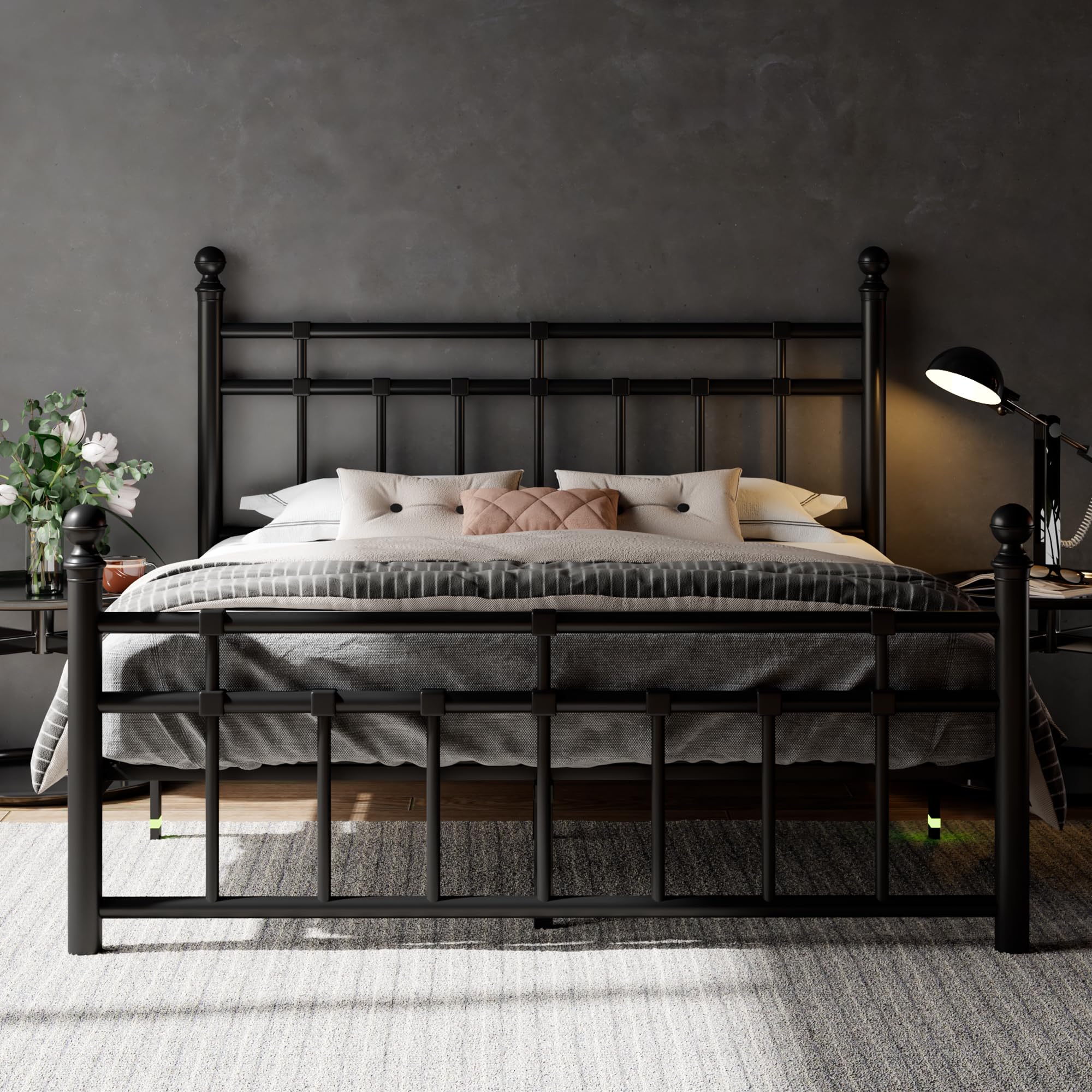 Feonase Queen Metal Platform Bed Frame with Victorian Classic Iron-Art Headboard & Footboard, Steel Slats Support, 12 Under Bed 