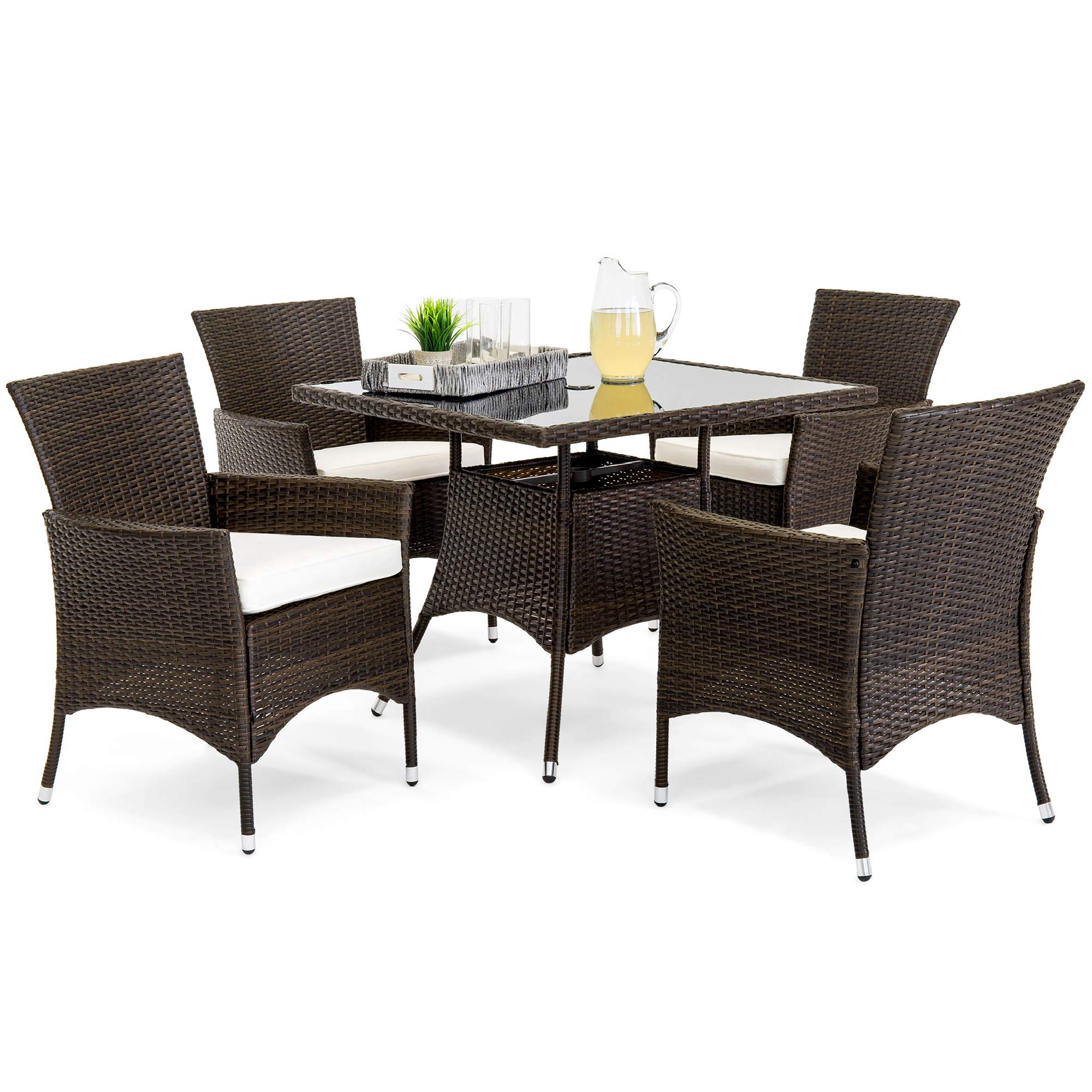 Best Choice Products 5-Piece Indoor Outdoor Wicker Dining Set Furniture for Patio, Backyard w/Square Glass Tabletop, Umbrella Cu