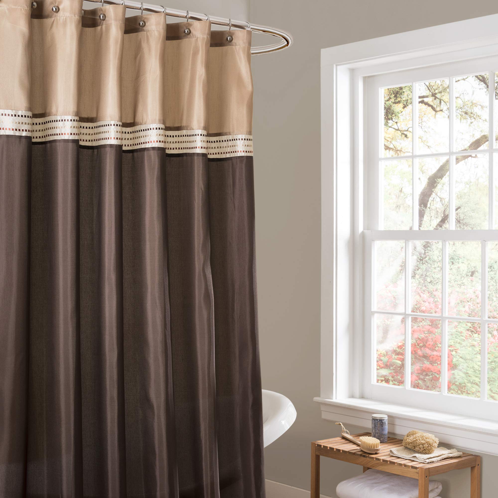 Lush Decor Terra Color Block Shower Curtain Fabric Striped Neutral Bathroom Decor, 72 W x 72 L, Brown & Beige