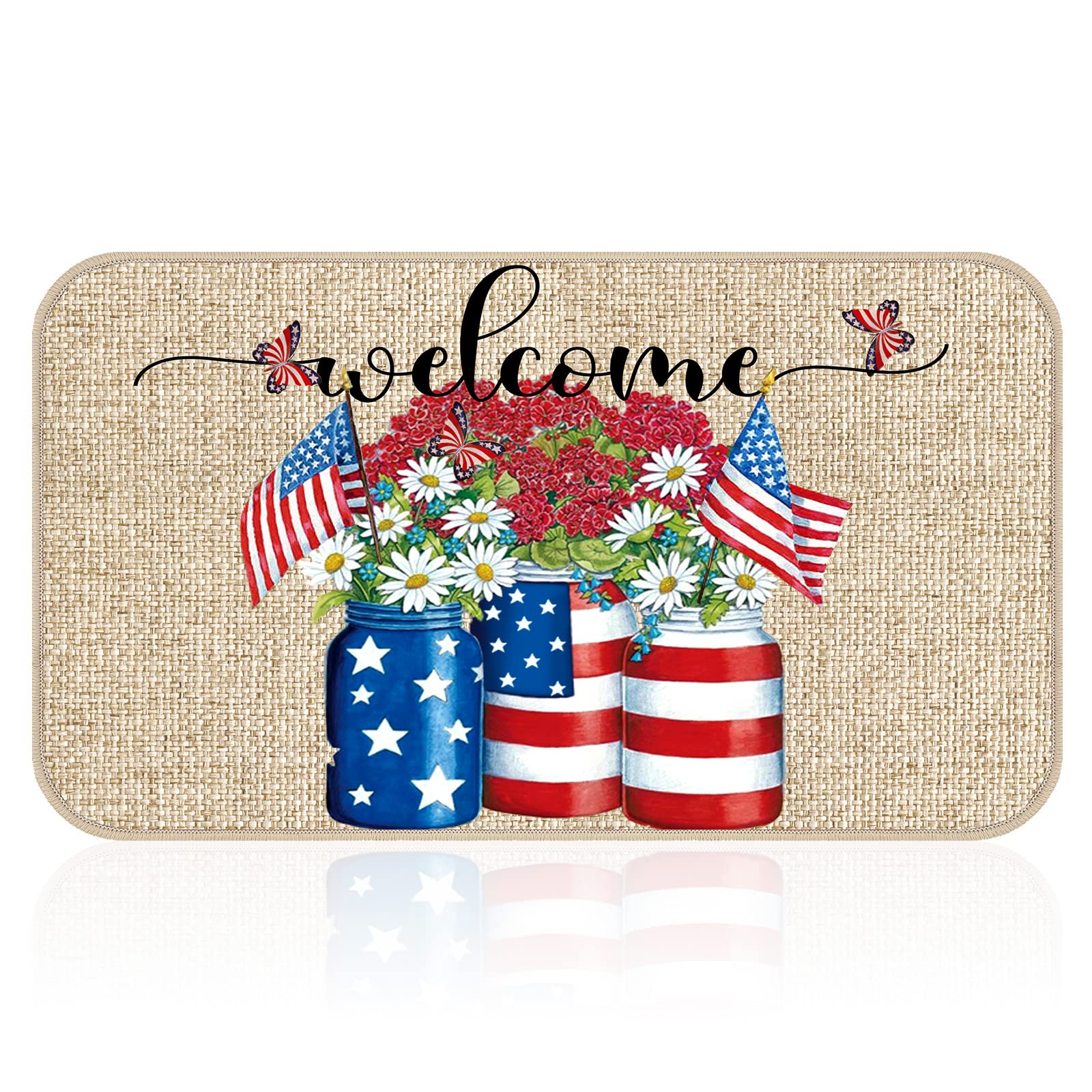 Zhanmai Independence Day Welcome Mats 4th of July Doormat Patriotic Floor Mat Independence Day Welcome Mats Floral Indoor Outdoo