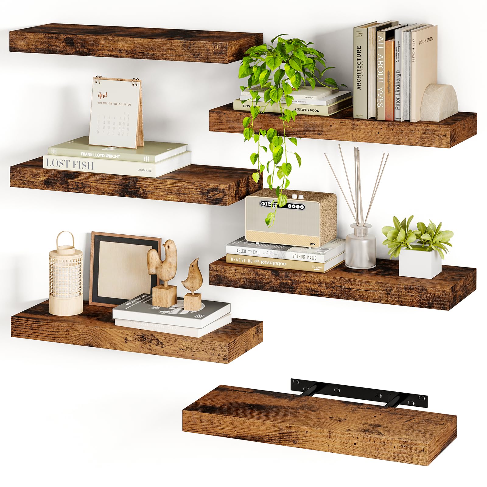 Fixwal 15.8in Floating Shelves, Set of 6 Wood Shelves, Farmhouse Shelf Wall Decor for Bathroom, Bedroom, Living and Kitchen Room