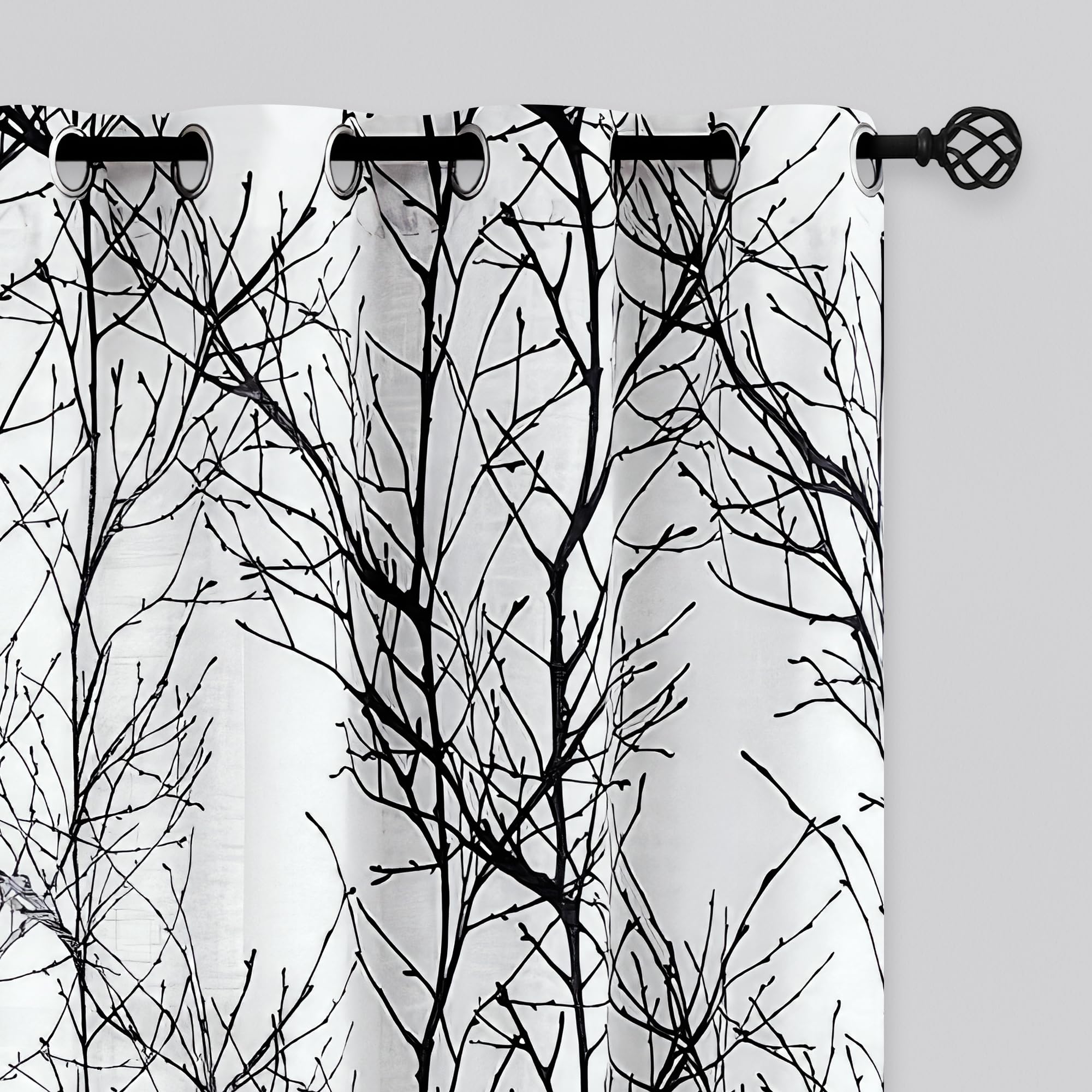 FMFUNCTEX Linen Semi Sheer Curtains for Bedroom, Black White Curtains 84 Inches Long for Living Room, Grey Tree Branch Patterned