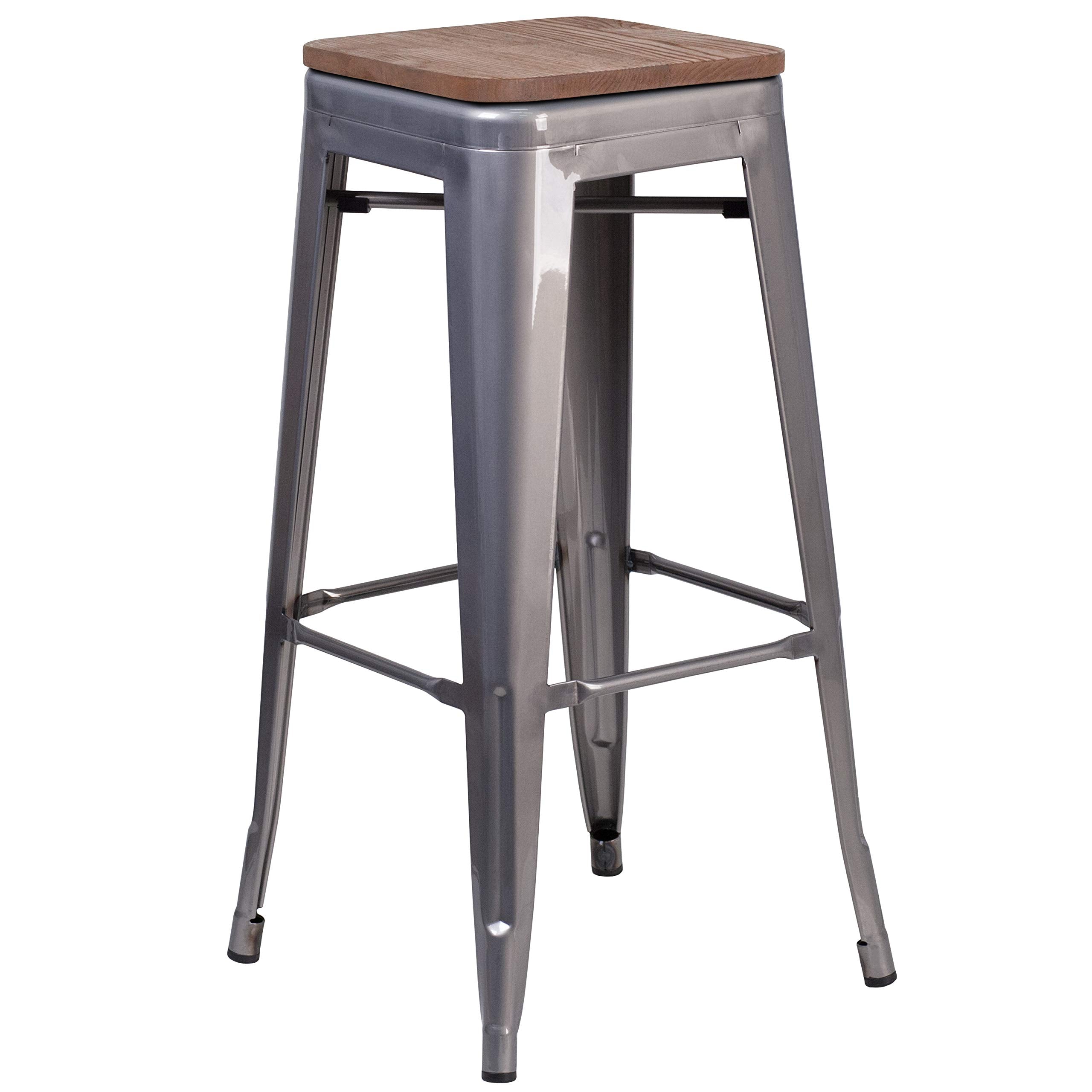 Flash Furniture Lincoln 30 High Backless Clear Coated Metal Barstool with Square Wood Seat