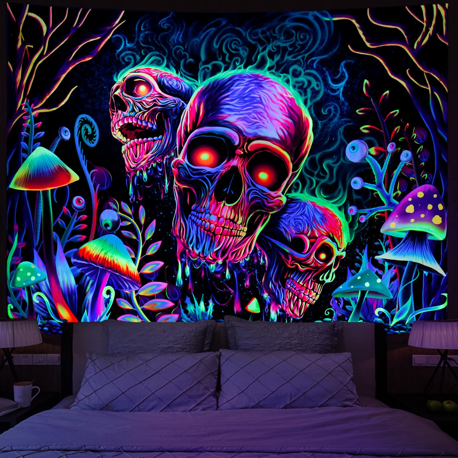 Amonercvita Blacklight Skull Tapestry Fantasy Plant Floral Wall Tapestry UV Reactive Neon Mushroom Tapestry Galaxy Space Tapestr