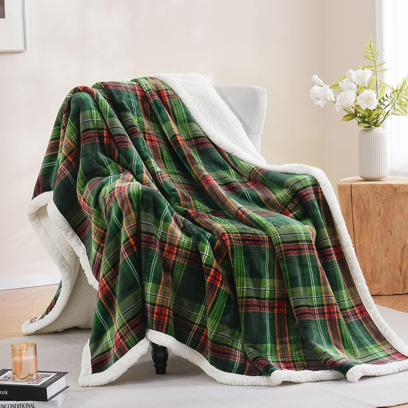 PU MEI Sherpa Fleece Throw Blanket 60 x 80 Reversible Plush Fluffy Large Big Blanket Lattice Flannel Blankets for All Season Use