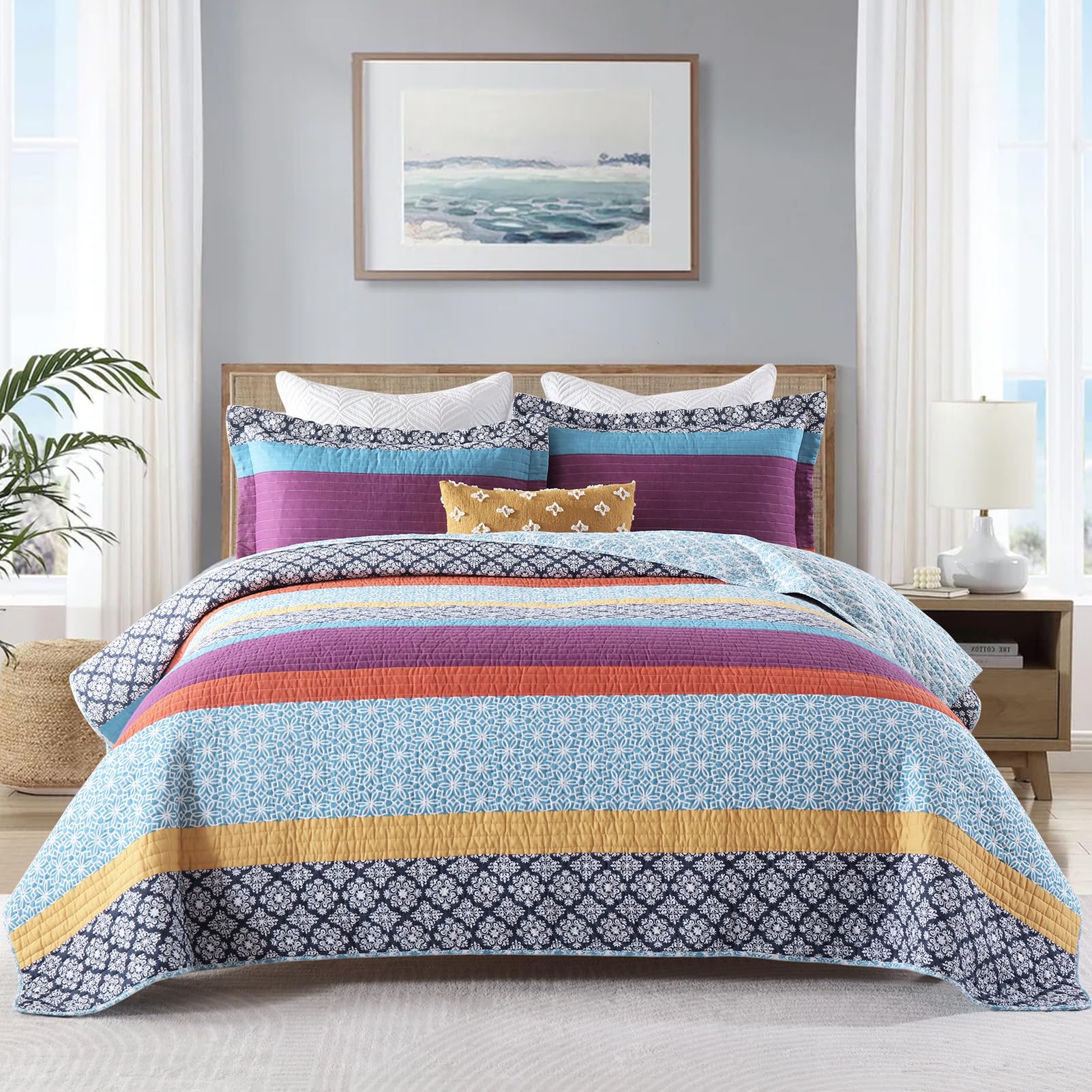 SahSahCasa Quilt Queen Size, Queen Quilt Set, 100% Cotton Queen Quilt Bedding Set Bedspreads Boho, Bohemian Reversible Lightweig